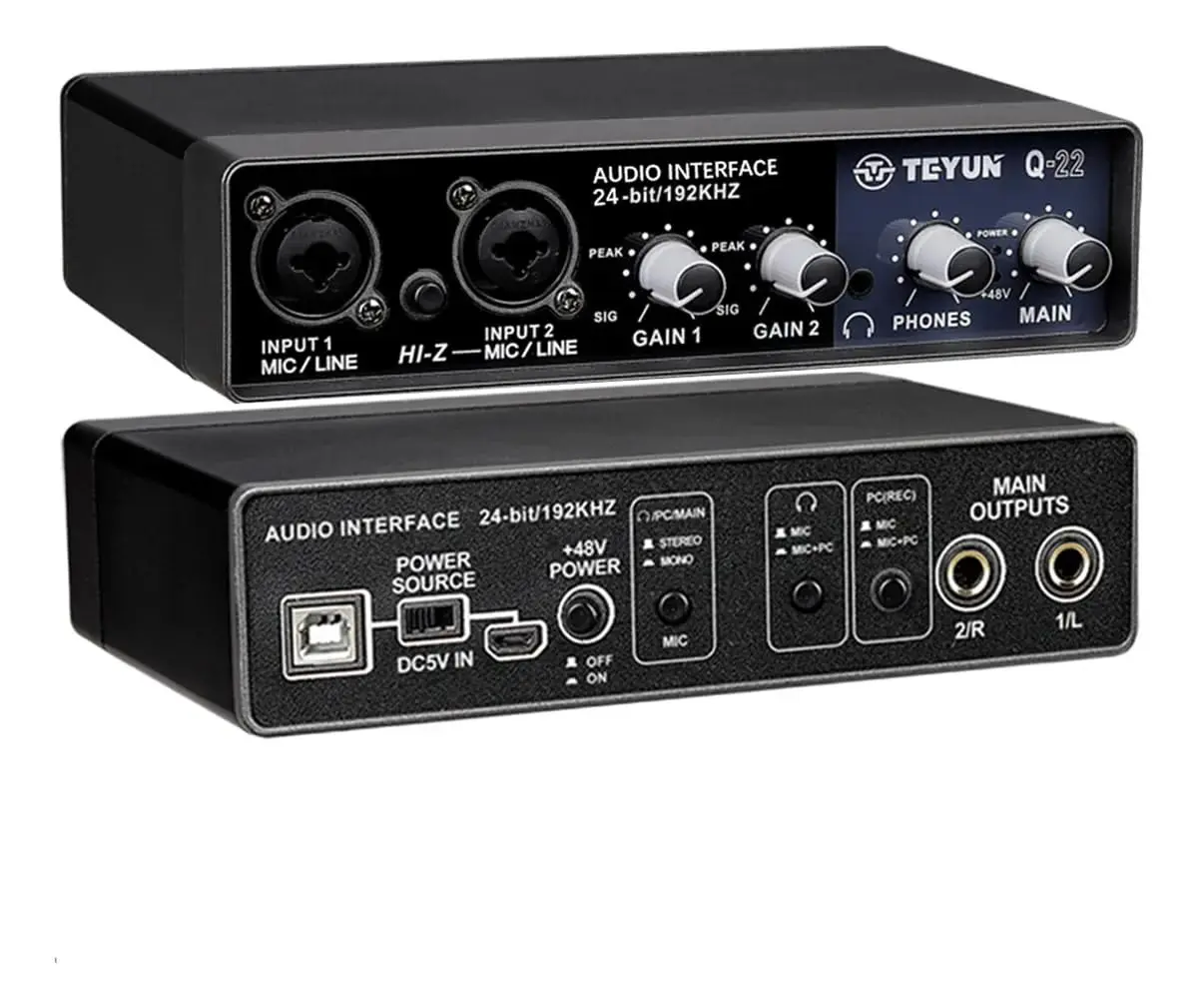 Q-22 Interface de audio,placa de som profissional de canal USB 2.0 DC 5V de alta velocidade, função de monitor para estúdio/gravação musical/jogos/Equipamentos para Gravação Musical