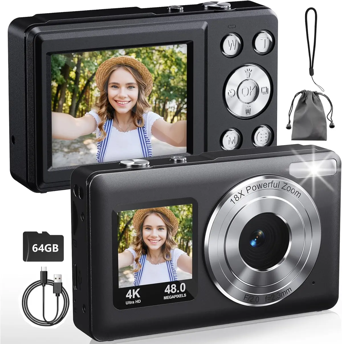 Câmera Digital 4K para Fotografia, Câmera Vlogging de 64 MP para YouTube, Tela Dupla, Cartão 64G, foco automático, zoom digital de 18x, câmeras digitais compactas para viagens/adolescentes