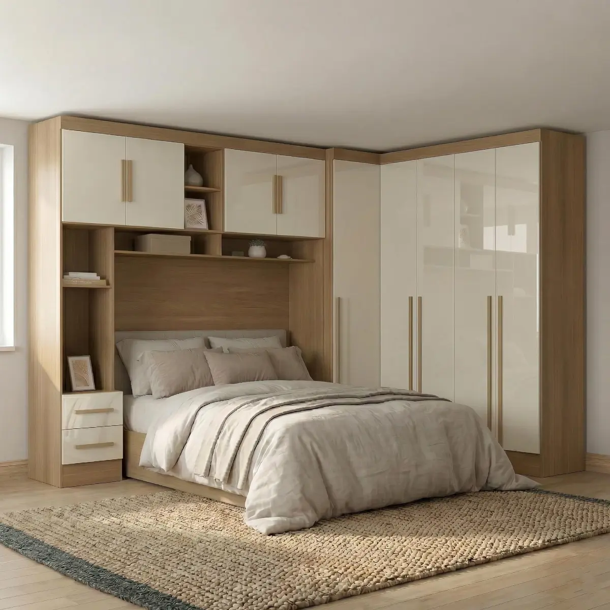 Guarda Roupa Casal Modulado 3 Peças 9 Portas 5 Gavetas com Cabeceira 100% MDF Smart Cinamomo/Off White Cinamomo/Off White