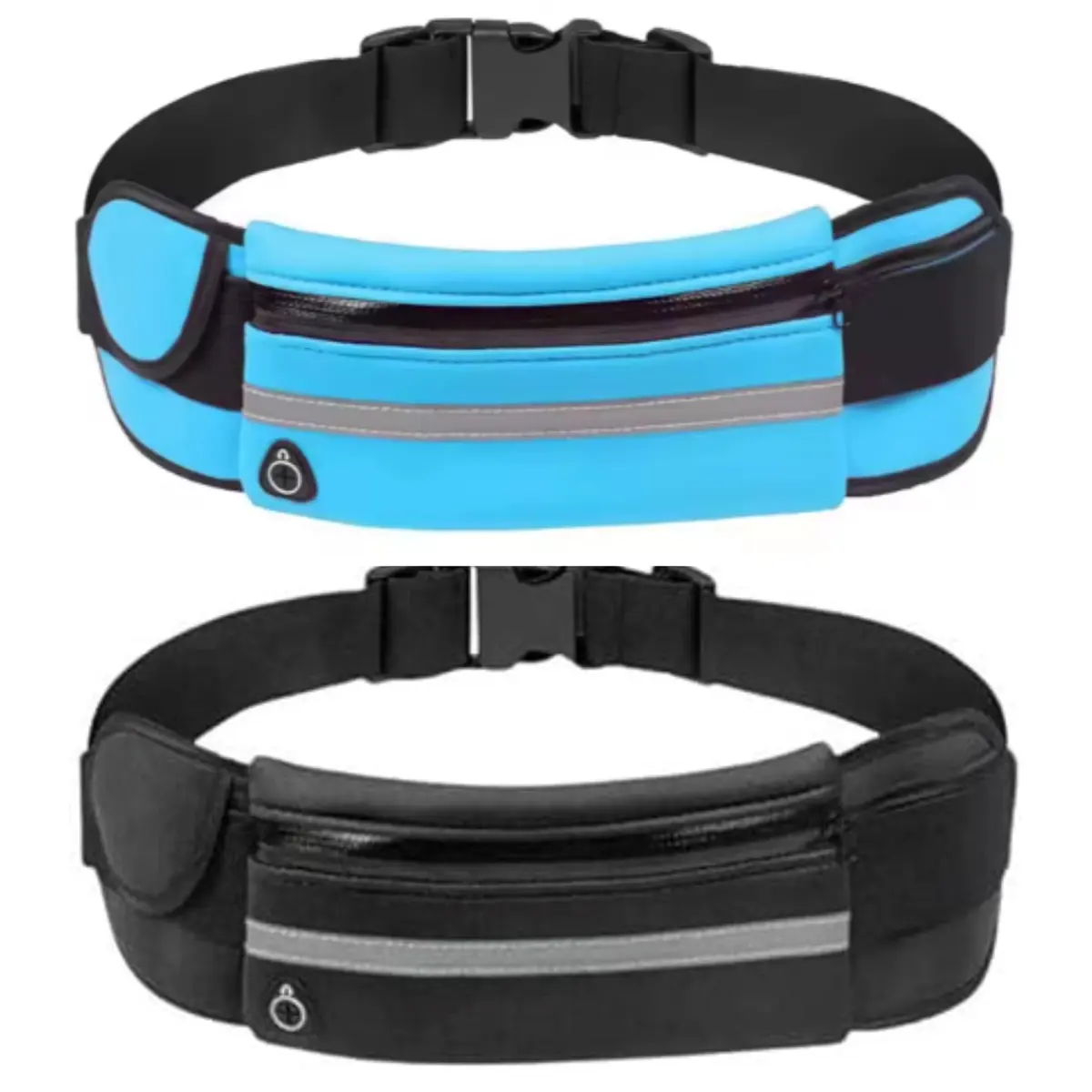 Pochete Esportiva Impermeável Kit com 2 Unidades para Corrida Academia Caminhada Ciclismo Ajustável até 120 cm 3 Compartimentos para Celular Chaves Documentos Doleira Esportiva (Preto + Azul Claro)