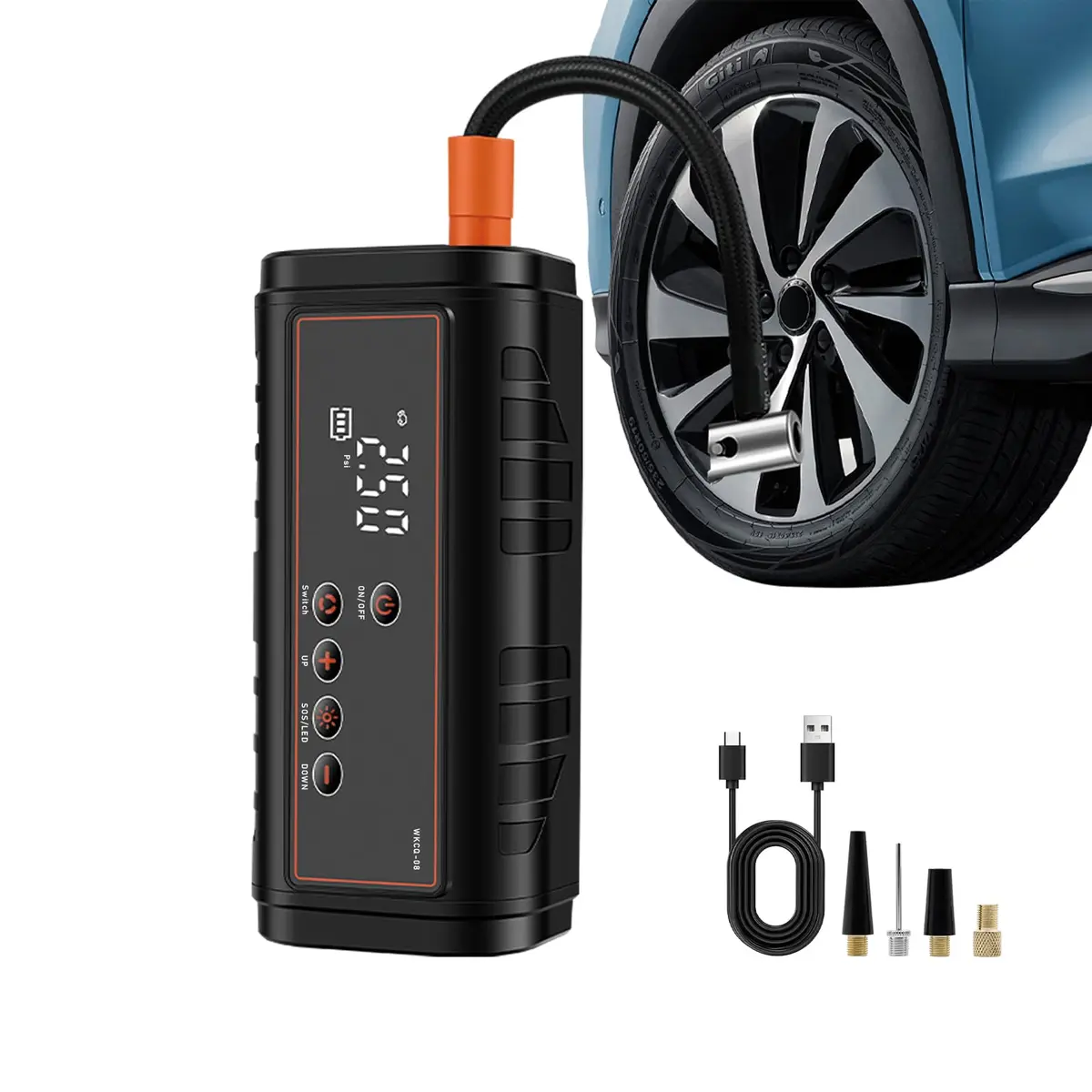 Compressor de Ar Portátil com Partida de Emergência 2 em 1, Inflador Digital para Pneus, Luz LED, para Veículos a Gasolina e Diesel - 1