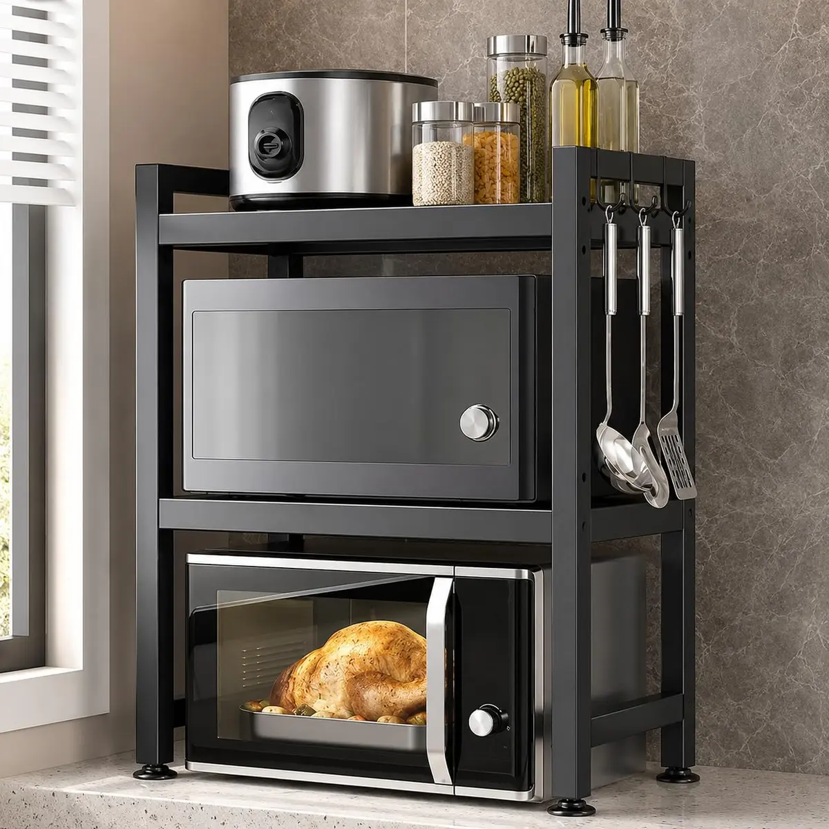 Suporte Microondas Ajustável 2 Camadas Aço Carbono 45‑66x38x48cm | Suporte de cozinha com 2 camadas ajustáveis em aço carbono para microondas, forno e organização de utensílios.