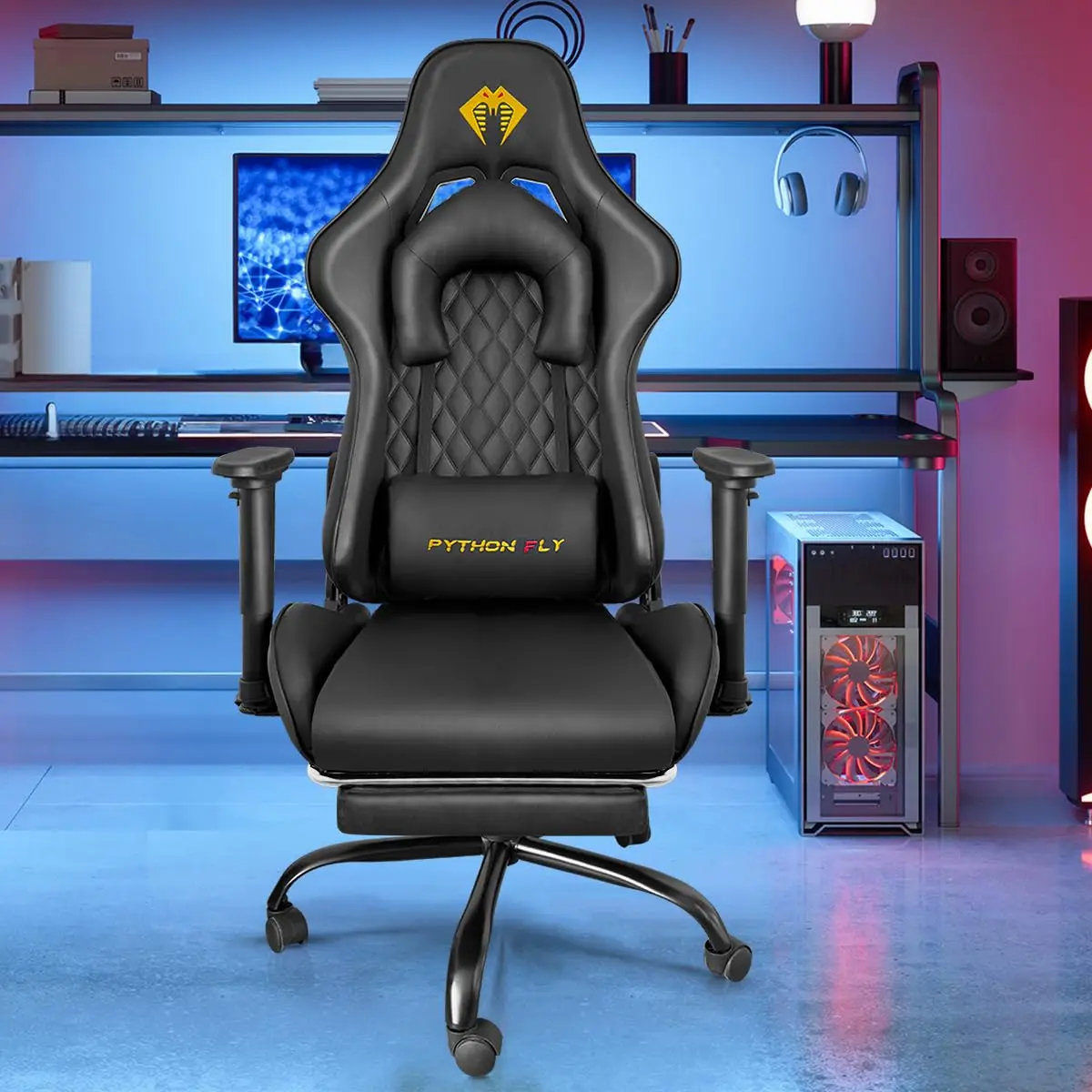 Cadeira Gamer Python Fly Deluxe, Design Ergonômico, Ajuste De 90-150 Graus, Design Preto E Dourado