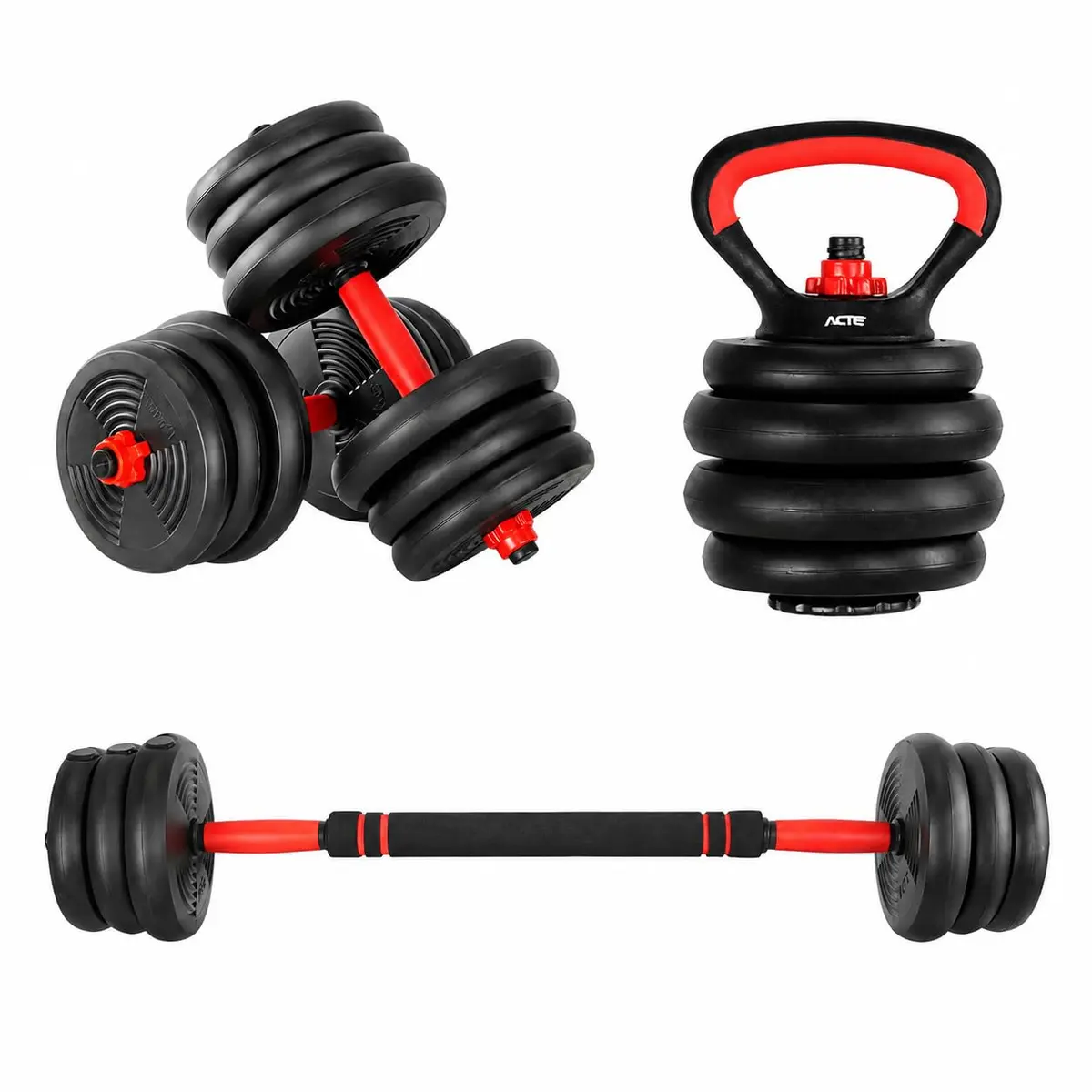 Acte Kit Halteres Ajustável 6 em 1 S200 até 20kg Barra Longa Kettlebell Peso Regulável Musculação Treino em Casa Compacto Multifuncional Unissex