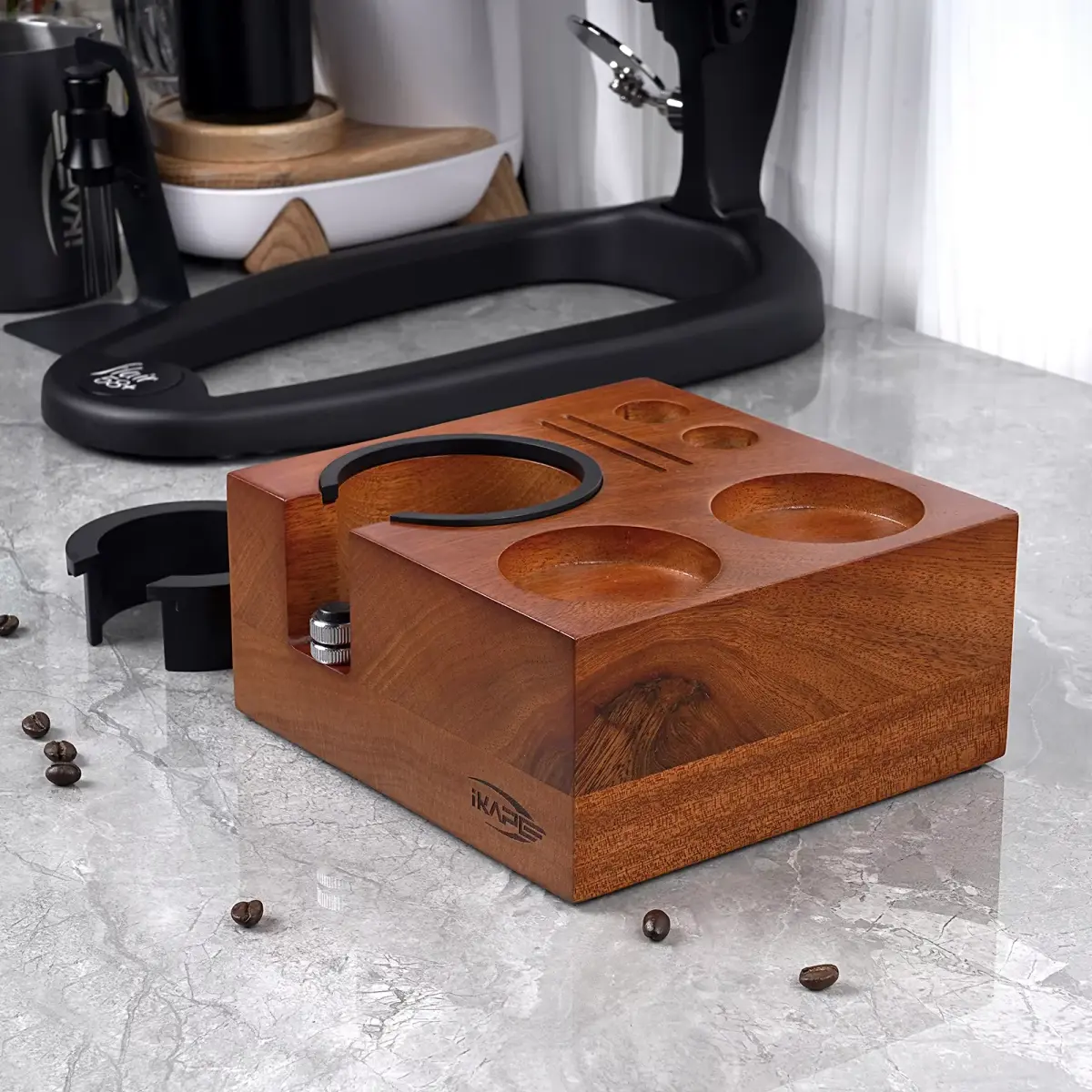 Suporte de adulteração de café expresso IKAPE, base de estação de adulteração de café de madeira 7 em um suporte de tapete de café expresso de nogueira natural adequado para 51/54/58mm - 1