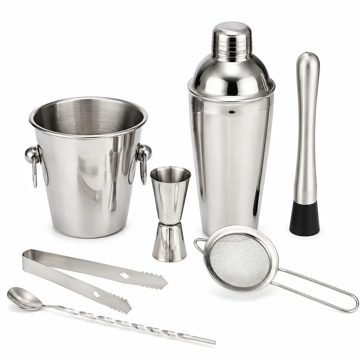 Kit Bartender 7 Peças em Aço Inox | Coqueteleira 500ml, Balde de Gelo 900ml, Dosador 30/60ml, Socador, Filtro e Colher