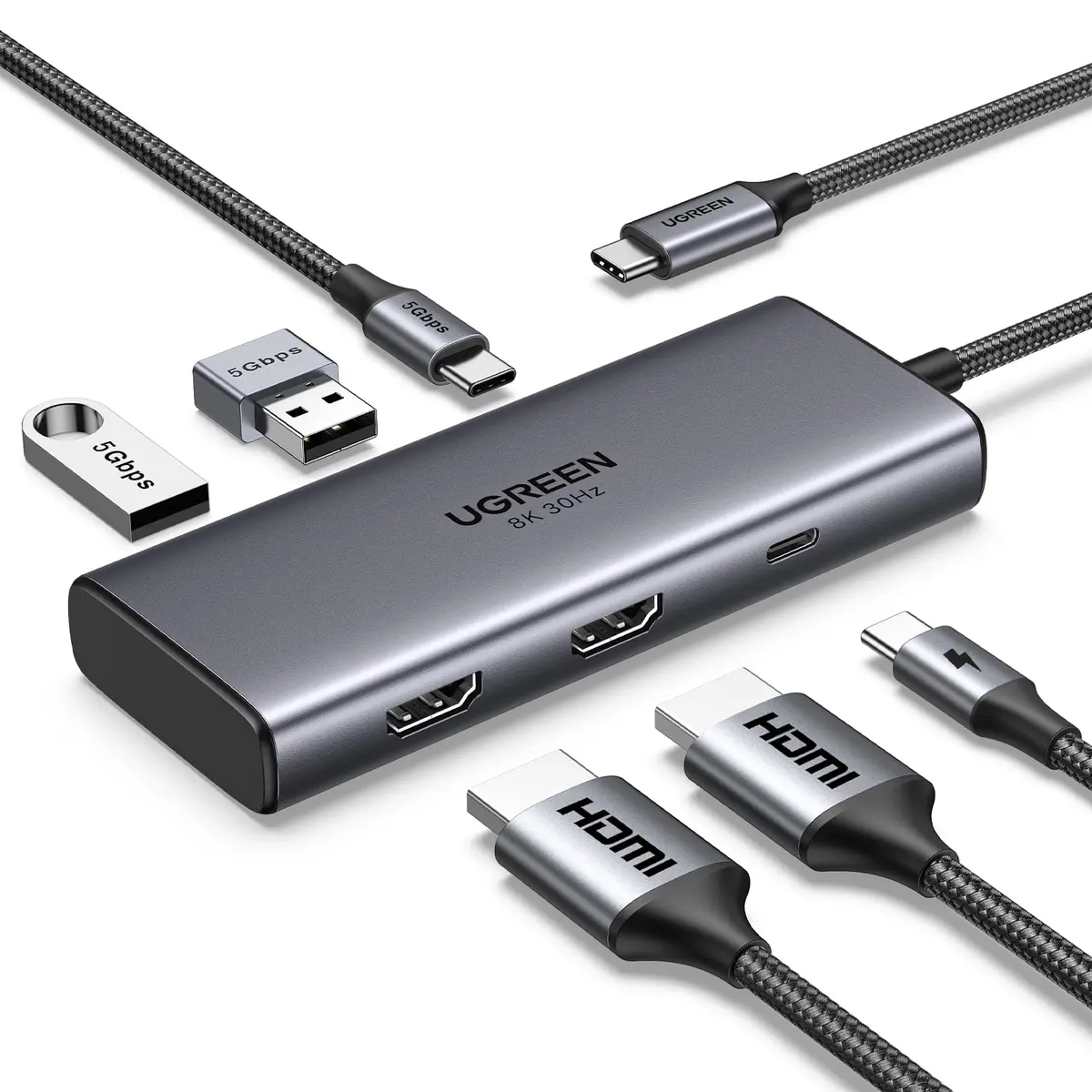 UGREEN Estação de Acoplamento USB-C, Hub USB C Revodok 206 (6 em 1) com 4K 60 Hz duplo, 8K 30 Hz único, 100 W PD, 3 Portas de Dados USB de 5 Gbps, Adaptador Compatível com Laptops Thinkpad, HP, Dell