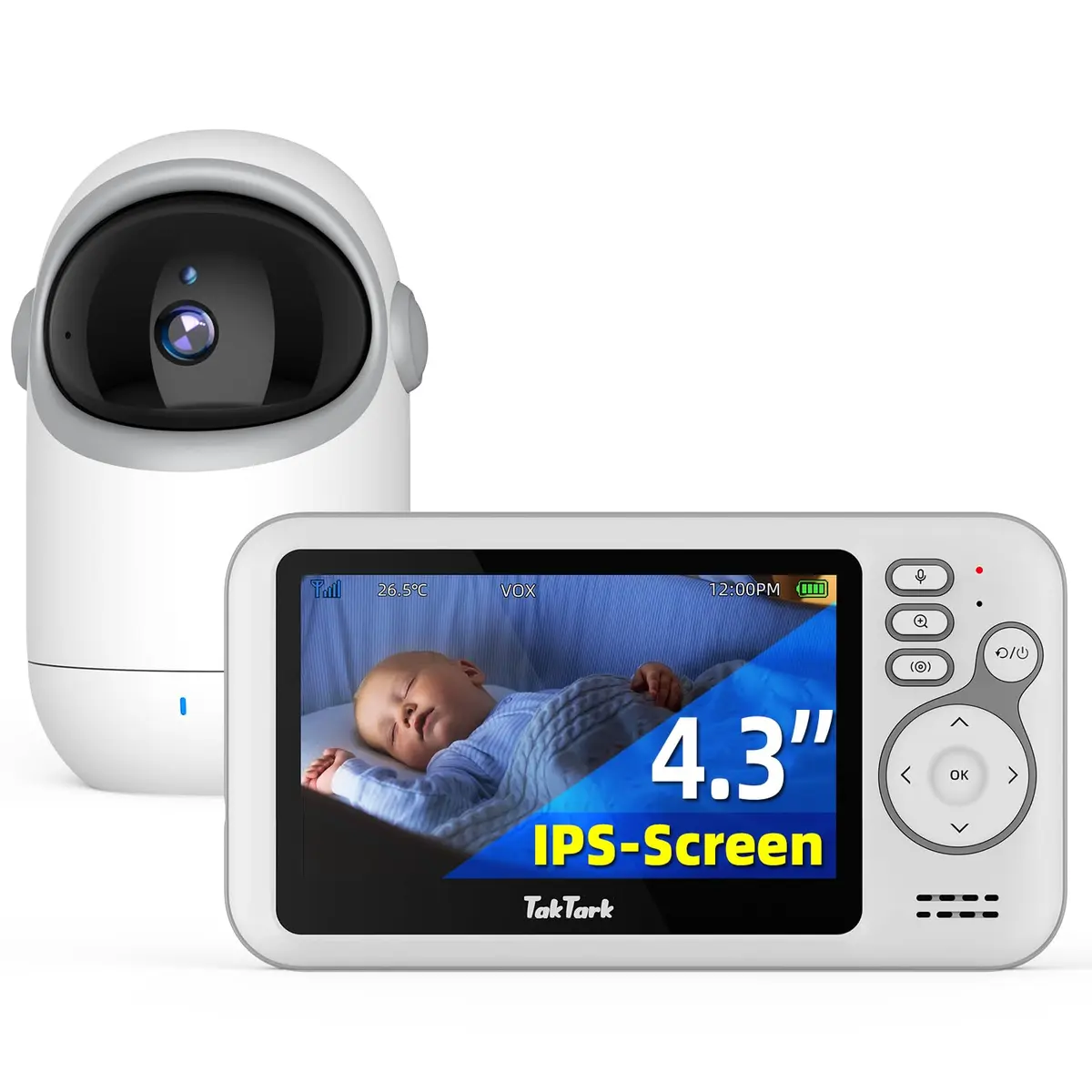 TakTark Babá Eletrônica Câmera, 4.3" Monitores de Câmara de Vídeo, Pan & Tilt, 2 Way Audio, Visão Nocturna, Zoom Digital, Decoração Sonora VOX, Ideal para Novos Pais