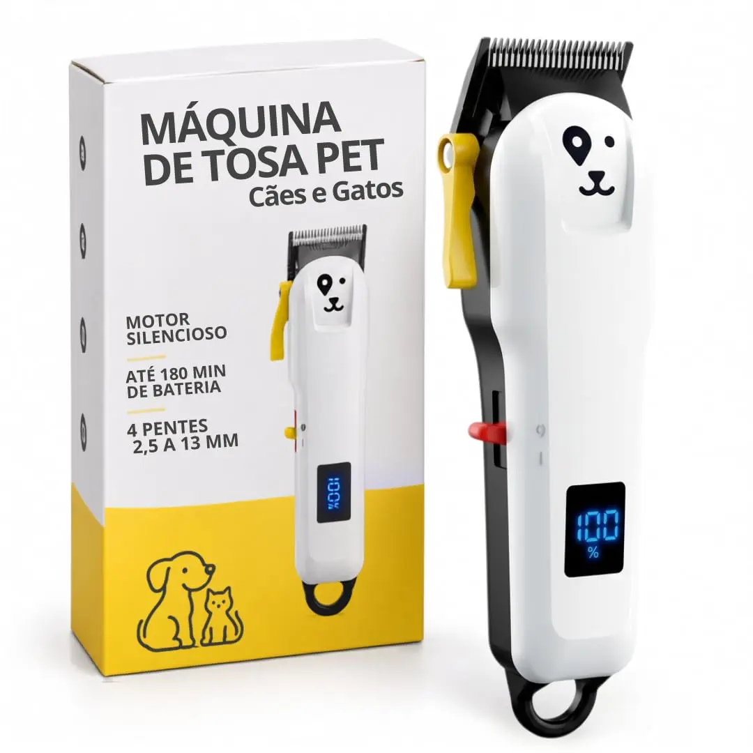 Máquina de Tosa Pet para Cães e Gatos Sem Fio | Display LED inteligente, Silencioso, Recarregável via USB, Até 180 minutos de uso contínuo por carga completa