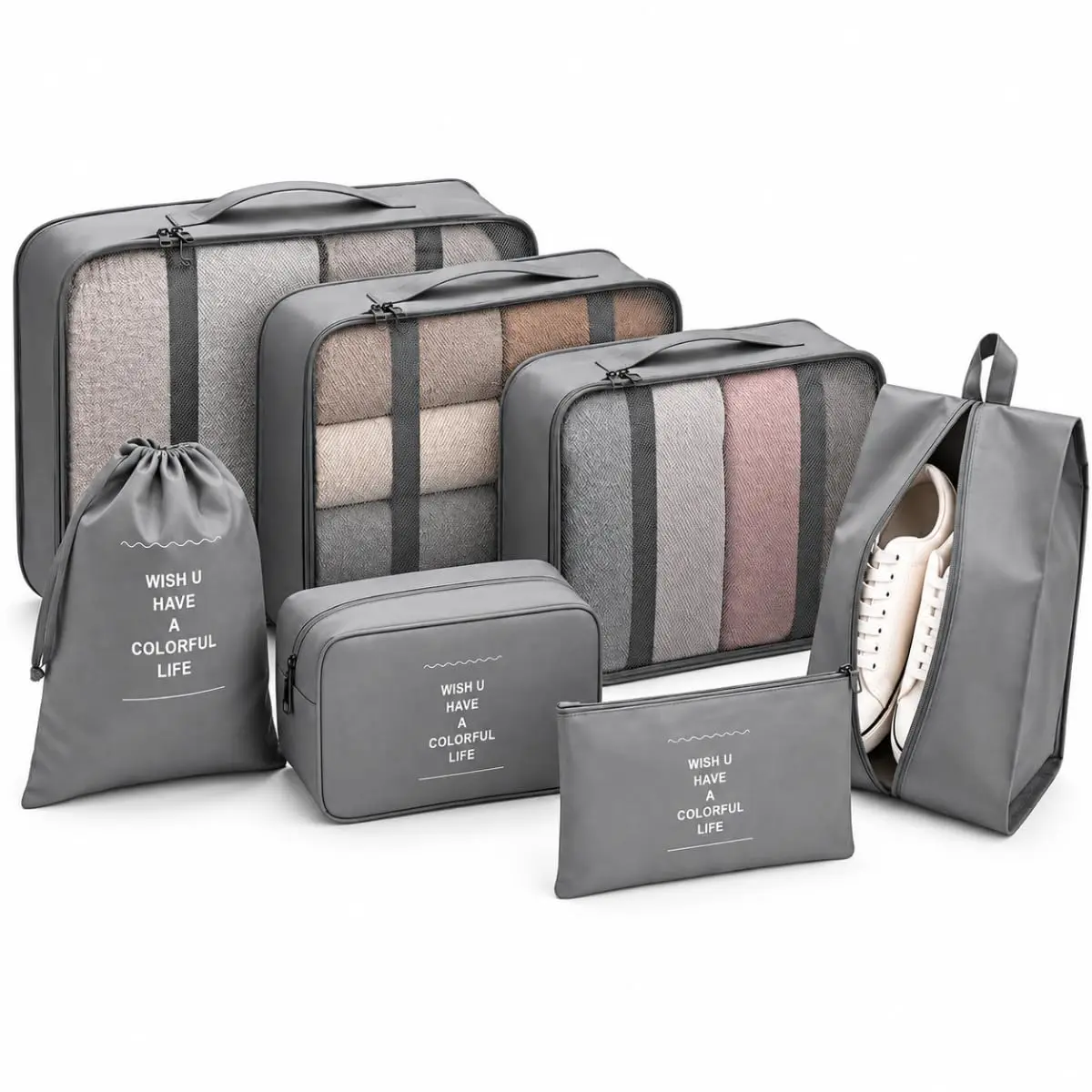 Kit Organizador de Mala Viagem 7 Peças Bolsa Organizadora Bagagem Cinza | Bolsa Organizadora de Malas para Viagens - Kit Viagem com 7 Unidades - Necessaire Organização - Roupas Sapatos Cosméticos