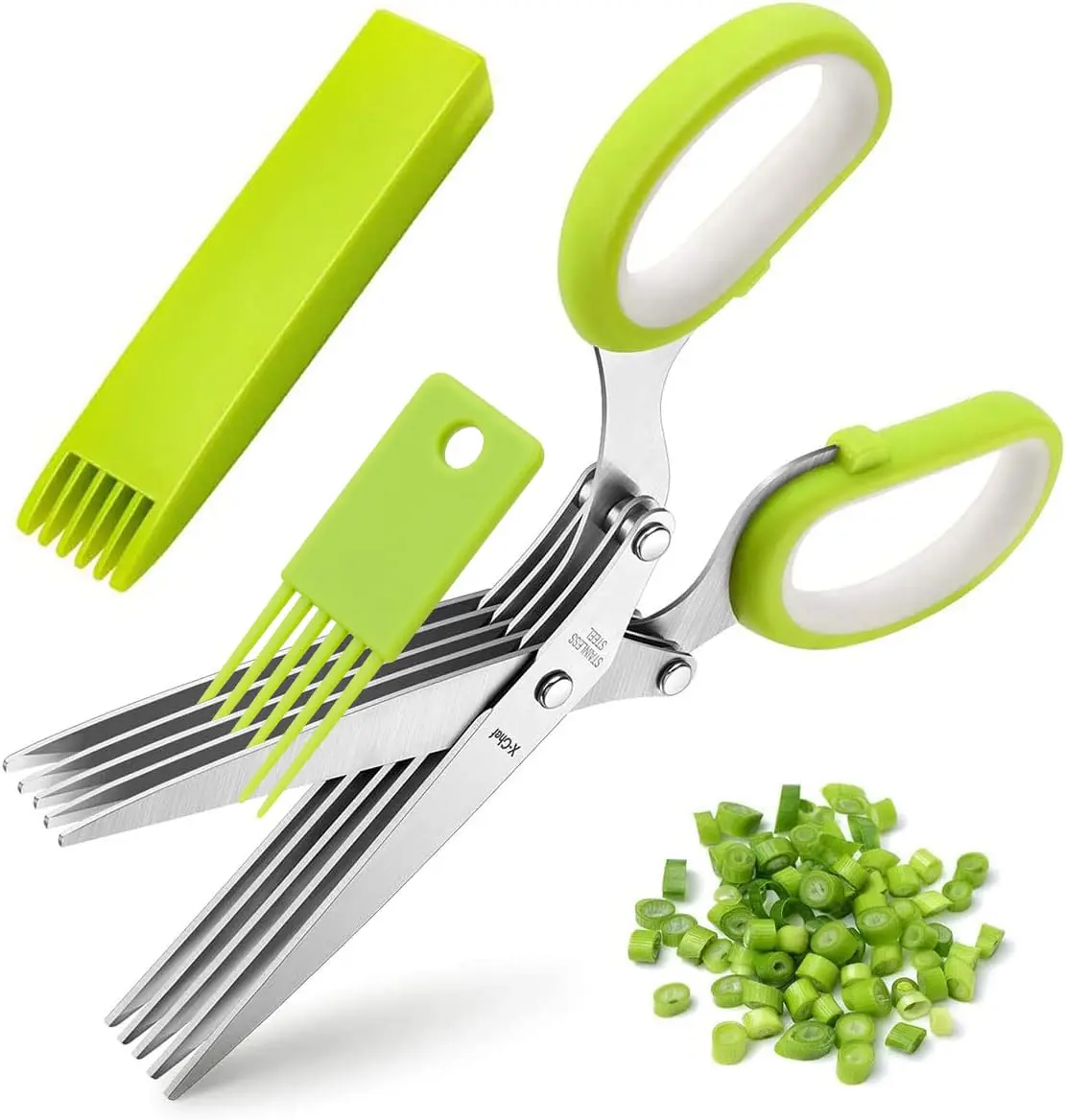 Tesoura de ervas X-Chef, tesoura multiuso de 5 lâminas para cozinha, cortador de ervas com tampa de segurança e pente de limpeza para cortar manjericão, salsa, aço inoxidável - 1