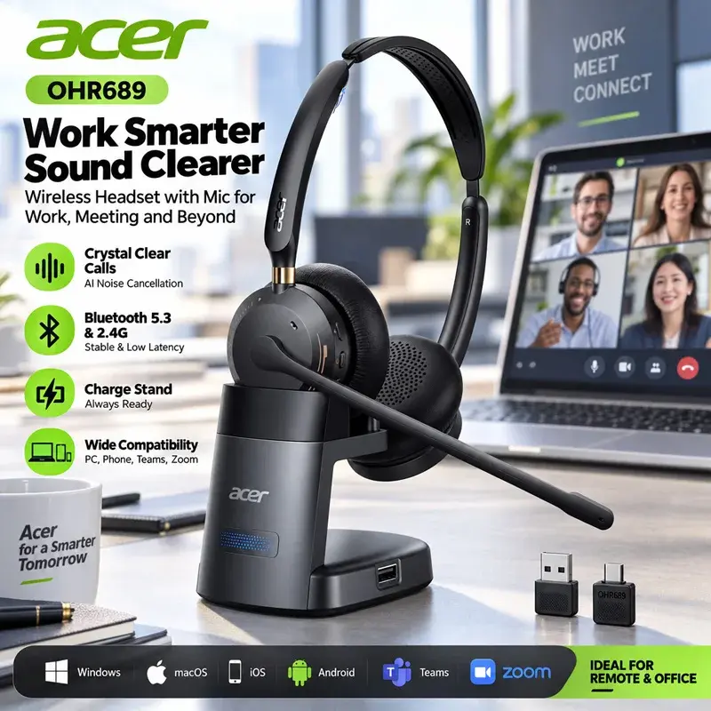 Fone de ouvido Acer Bluetooth 5.3 e 2.4G para chamadas e reuniões nítidas, sem fio, com microfone para trabalho, remoção e escritório