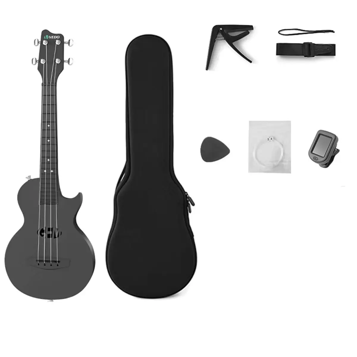 VEDO Ukulele Concerto de 23 Polegadas em Fibra de Carbono – Kit de Viagem com Mochila, Correia, Capotraste, Afinador, Palhetas e Cordas Extras (Preto)