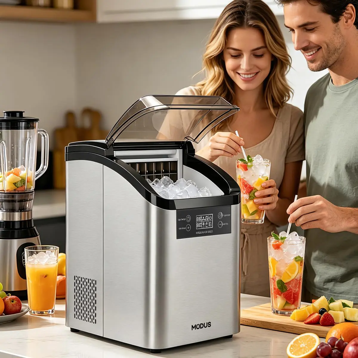 MODUS Máquina Gelo Inox 20kg/dia,24 cubos/ciclo,Limpeza Auto,127V Casa Bar | Gelo pronto em apenas 8 minutos