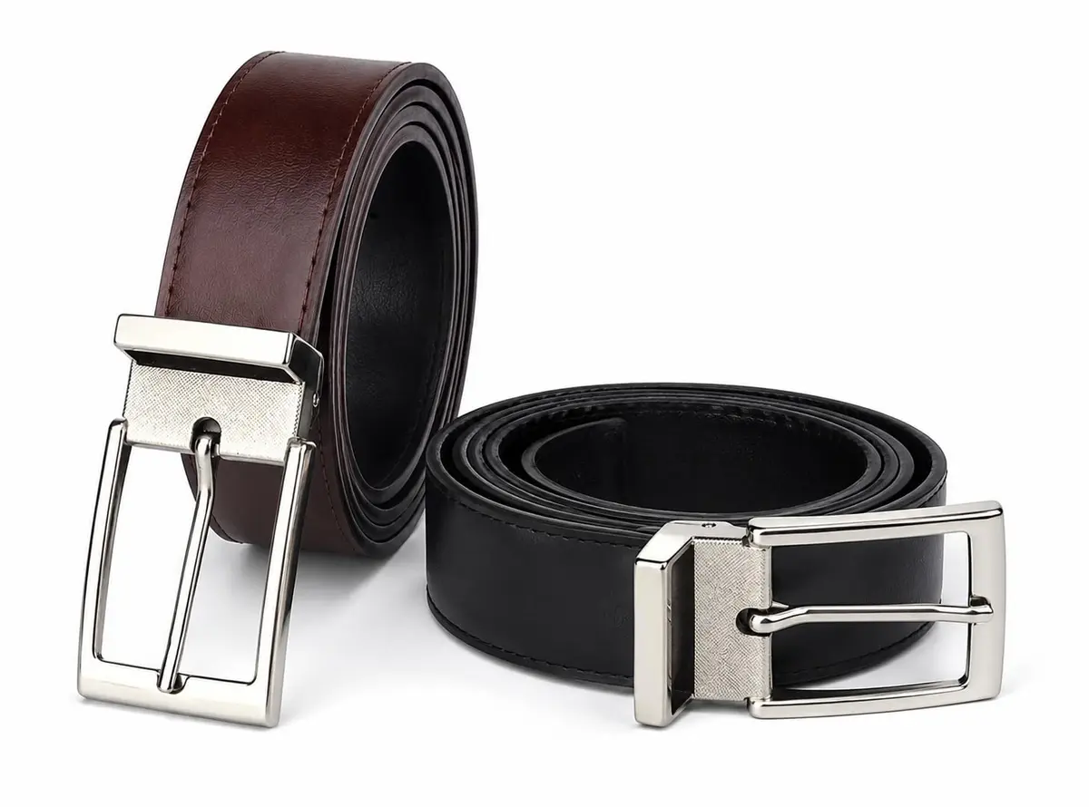 Kit 2 Cintos Masculinos Dupla Face Preto e Marrom em Couro Ecológico com Fivela Prateada para Uso Social ou Casual | GaletiShop