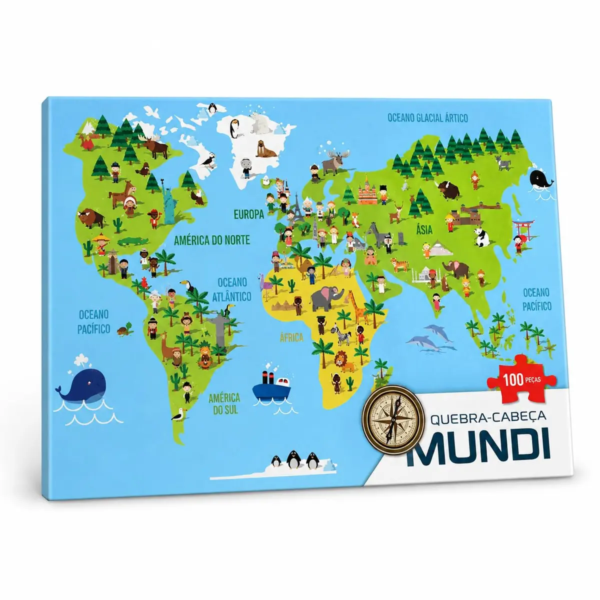 Quebra-Cabeça Mapa Mundi Infantil 100 Peças | Jogo Educativo de Geografia com Animais e Continentes | Brinquedo Pedagógico | 4+ Anos - 1