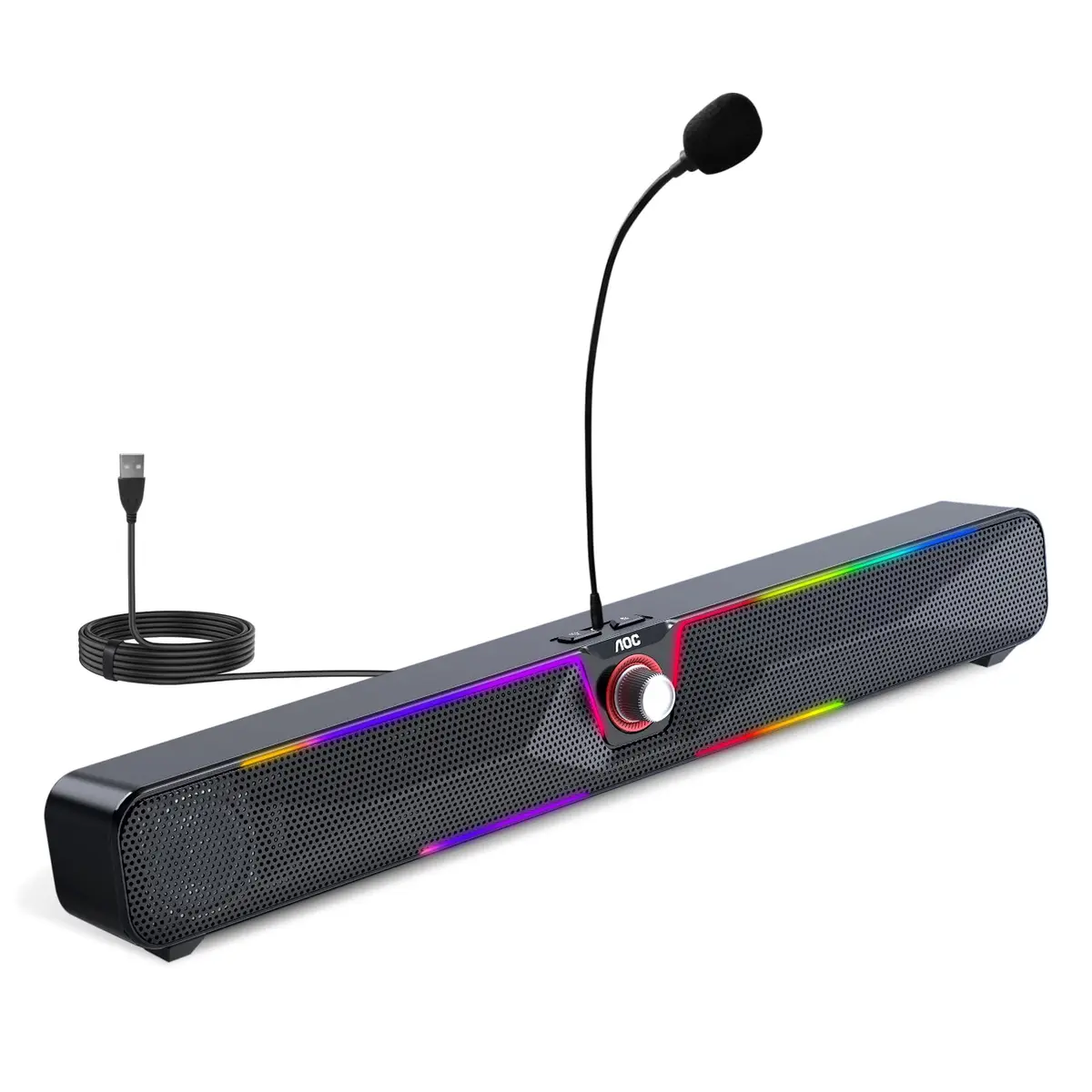 AOC ACS4630 Caixa de Som para PC Gamer 12W RMS, Microfone Removível | Iluminação RGB, Soundbar Estéreo USB , Plug and Play, Alto-falantes para PC, Notebook, Telefone Celular com Roda de Volume