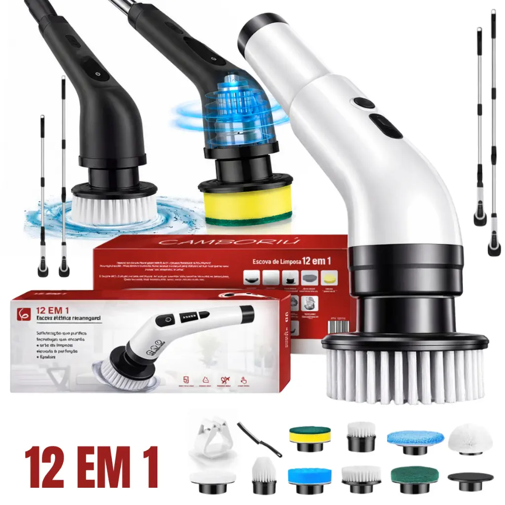 Escova Elétrica Limpeza Kit 12 em 1 Sem Fio Giratória Portátil - 1