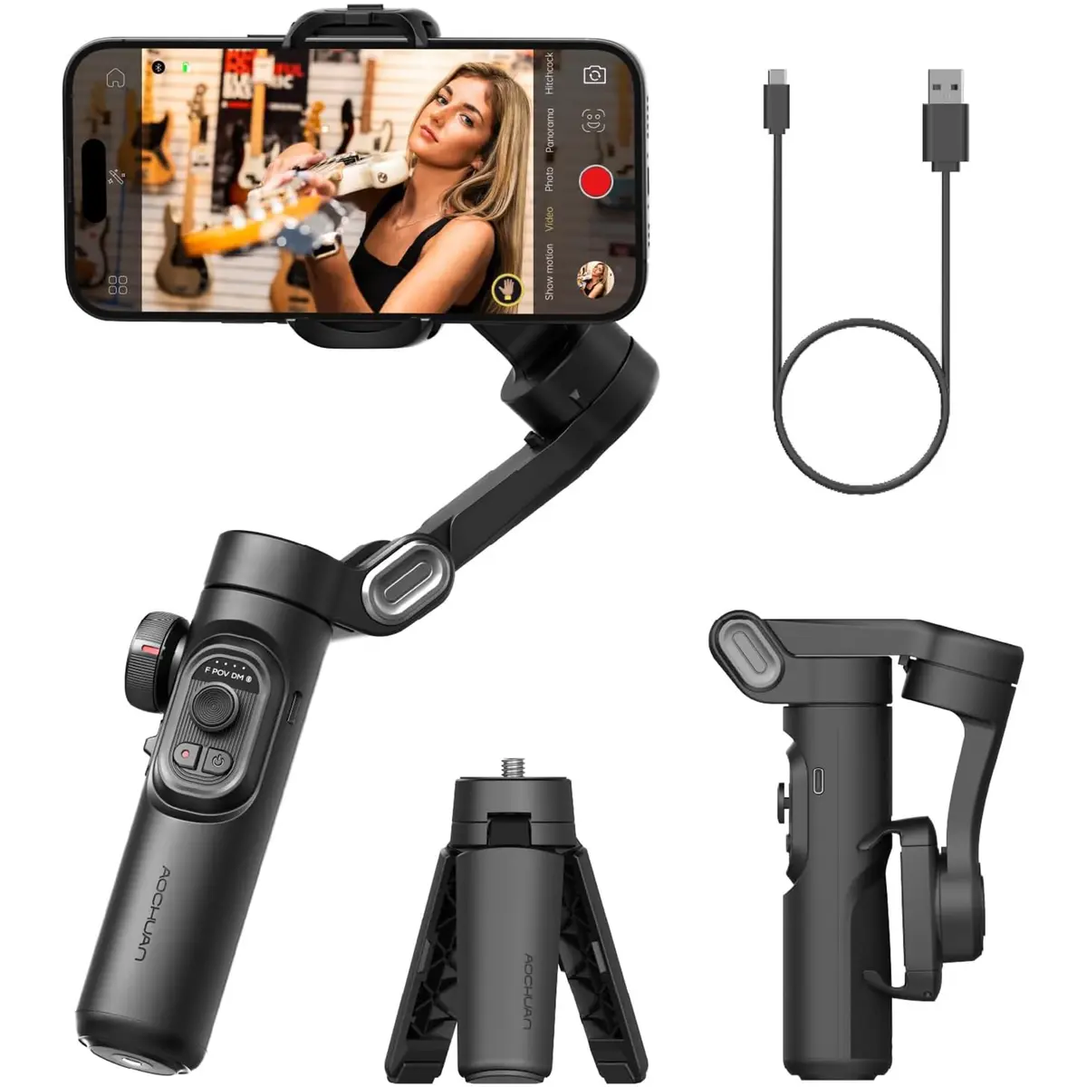 Estabilizador para celular,Luz RGB magnética com 7 cores, função de rastreamento por IA, sistema de estabilização 7.0, compatível com dispositivos iPhone e Android