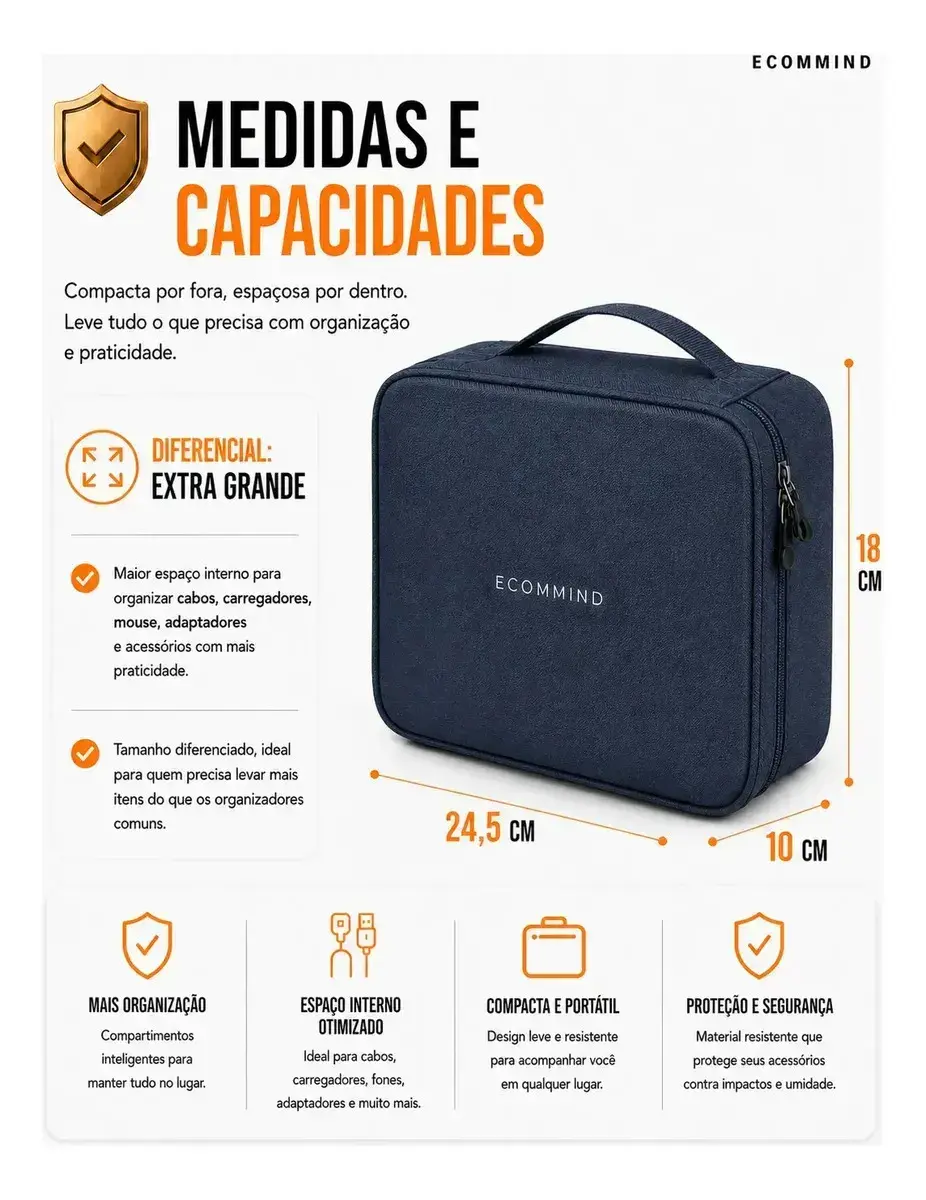 Bolsa Organizadora De Cabos Eletrônicos Extra Grande Estojo Case Bag Viagem Porta Carregador Fios ECOMMIND Azul Escuro thumbnail 2