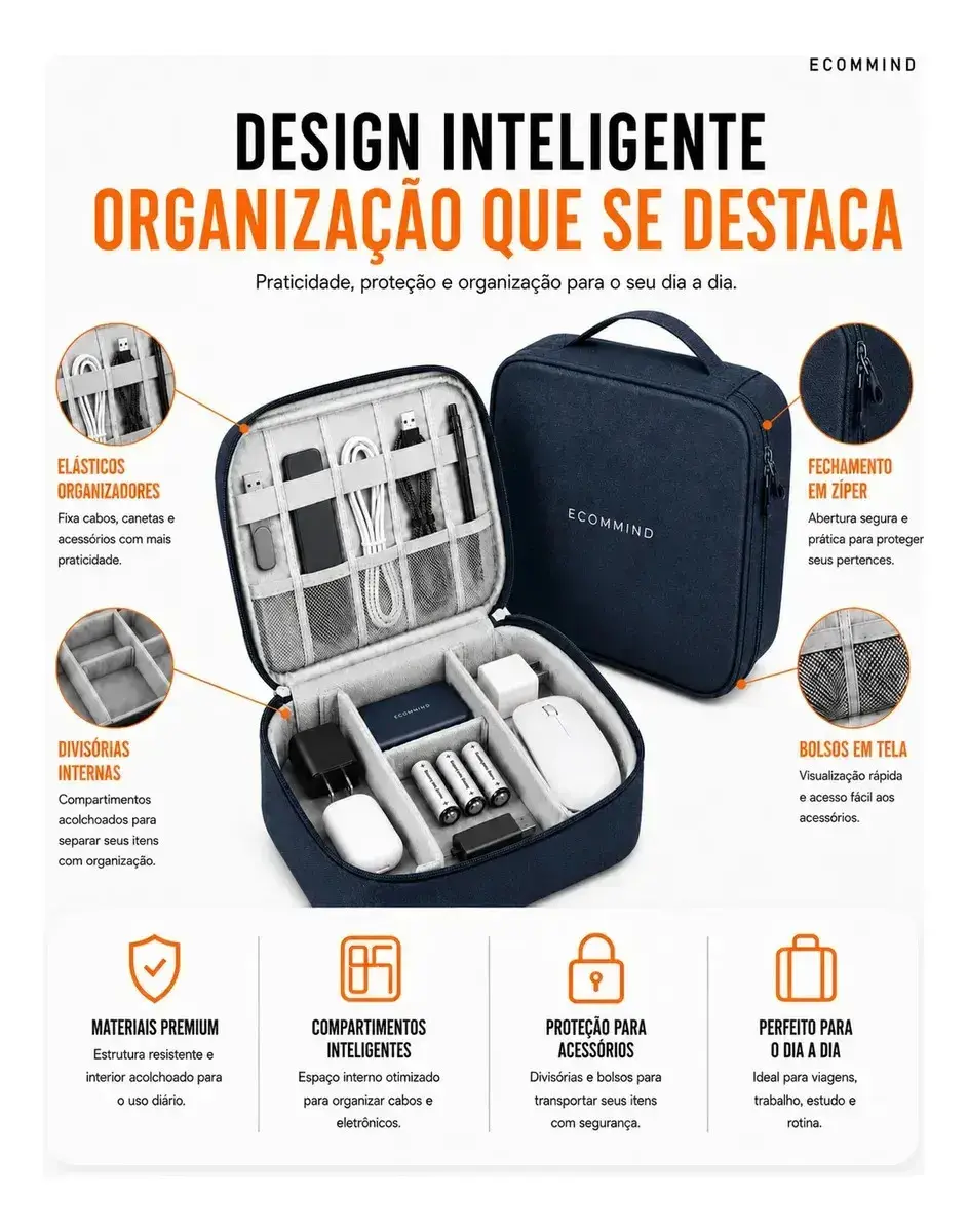 Bolsa Organizadora De Cabos Eletrônicos Extra Grande Estojo Case Bag Viagem Porta Carregador Fios ECOMMIND Azul Escuro thumbnail 3