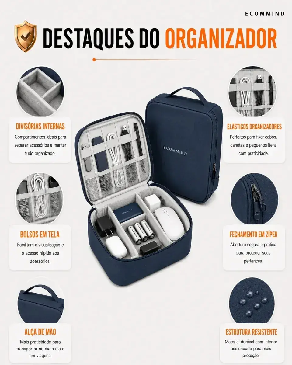 Bolsa Organizadora De Cabos Eletrônicos Extra Grande Estojo Case Bag Viagem Porta Carregador Fios ECOMMIND Azul Escuro thumbnail 4