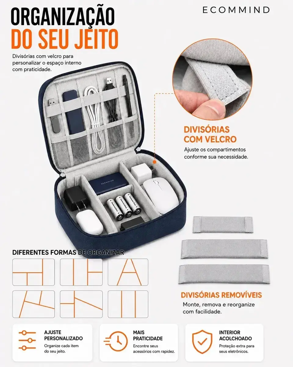 Bolsa Organizadora De Cabos Eletrônicos Extra Grande Estojo Case Bag Viagem Porta Carregador Fios ECOMMIND Azul Escuro thumbnail 7