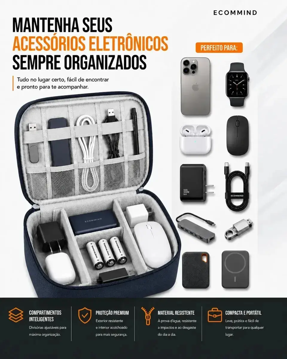 Bolsa Organizadora De Cabos Eletrônicos Extra Grande Estojo Case Bag Viagem Porta Carregador Fios ECOMMIND Azul Escuro thumbnail 9