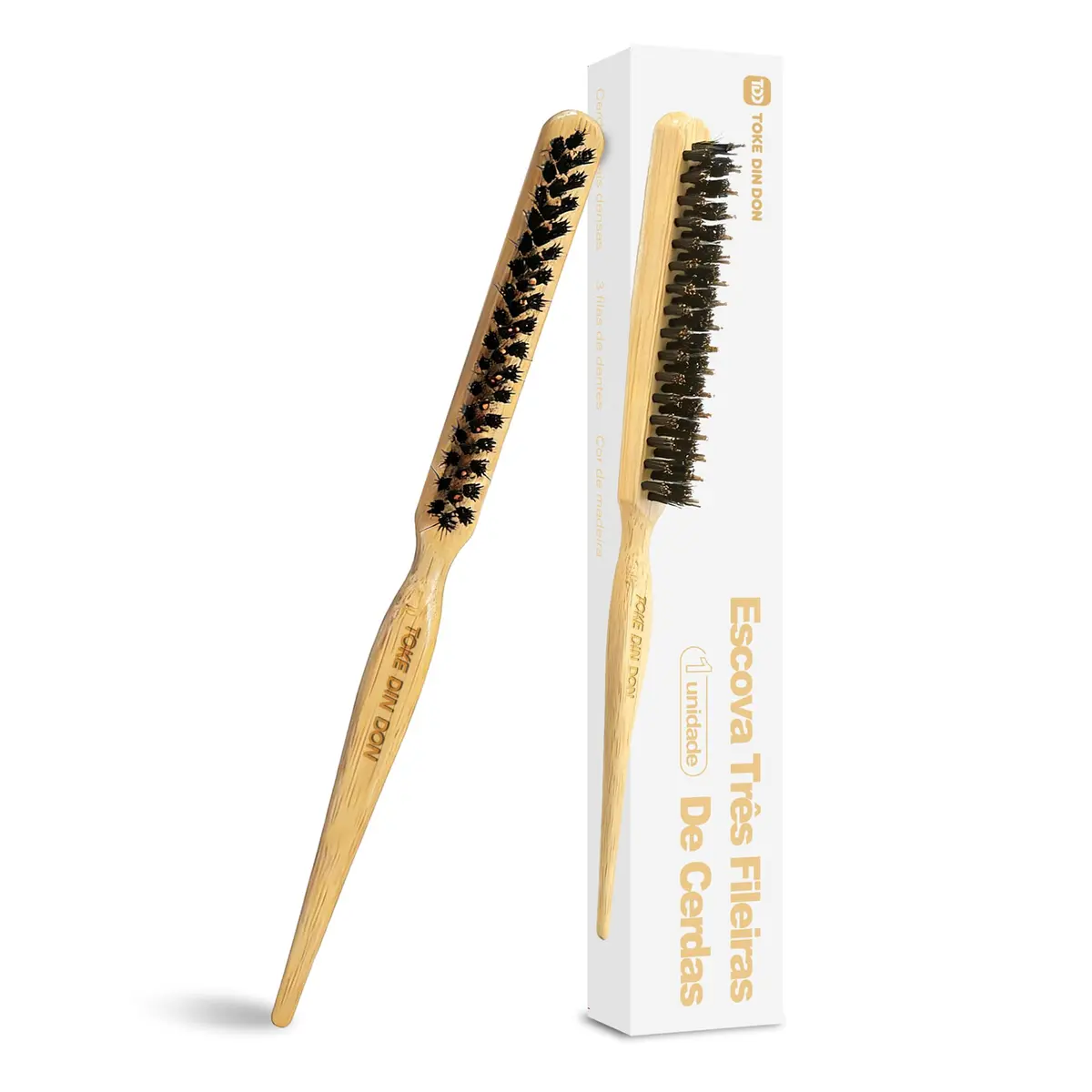 TOKE DIN DON Escova Profissional de Cabelo 3 Fileiras para Acabamento | com Cerdas de Javali e Cabo de Madeira com Ponta Fina, para Finalização de Penteados em Cabelos Cacheados e Barba, Amarelo