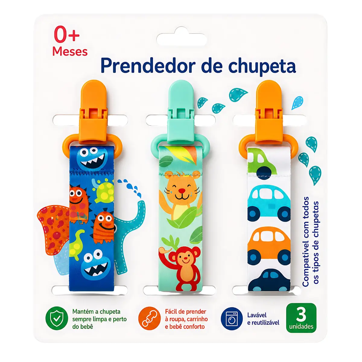 Kit 3 UN. Prendedor de Chupeta Menino - Bichinhos, Safari e Carrinhos | Estampas Lindas Alto Padrão de Qualidade - CodaTech