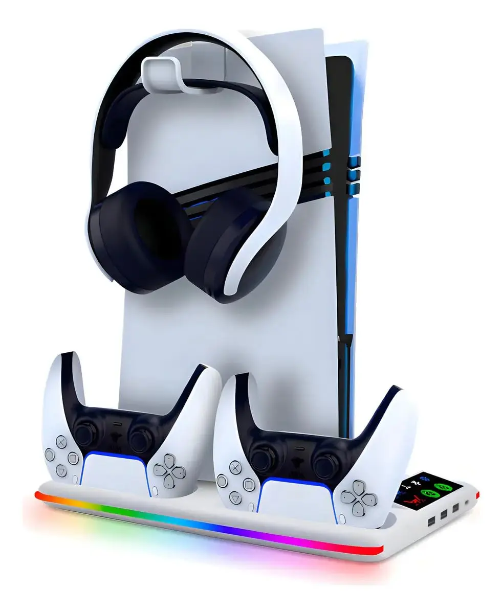 Base Cooler com Dock Duplo e RGB para PS5 Pro, Slim e Fat | Mais organização e praticidade para o setup gamer