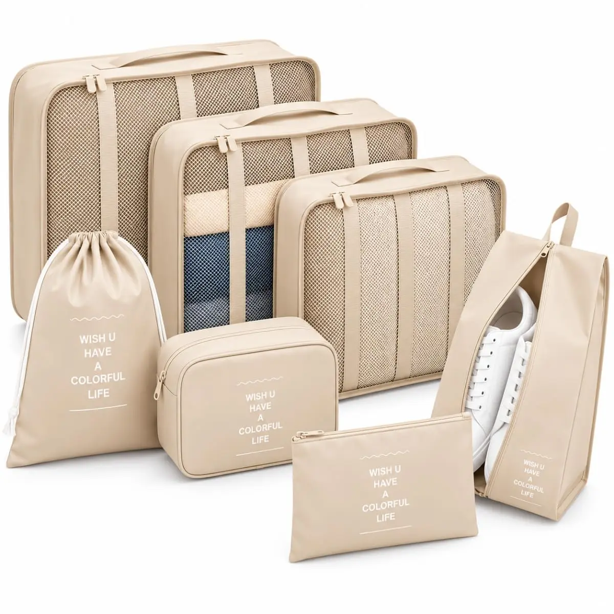 Kit Organizador de Mala Viagem 7 Peças Bolsa Organizadora Bagagem Bege | Bolsa Organizadora de Malas para Viagens - Kit Viagem com 7 Unidades - Necessaire Organização - Roupas Sapatos Cosméticos
