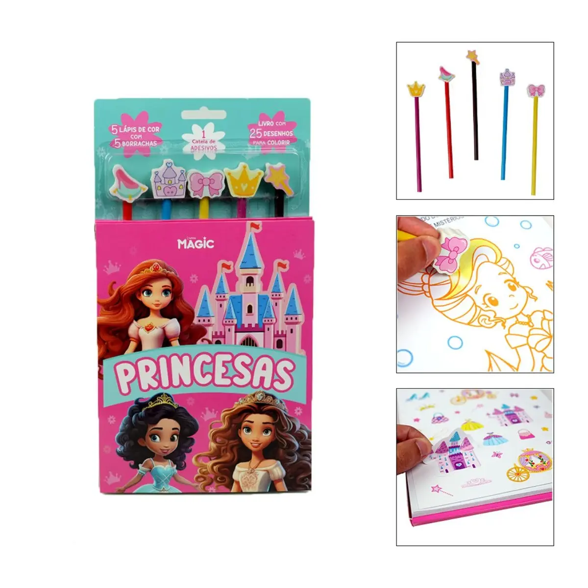 Kit de Livro Princesas - Com lápis e 5 borrachas para colorir cartela de adesivos