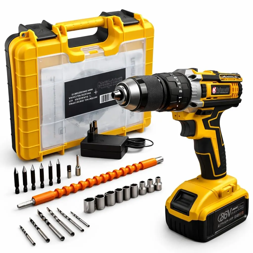 Parafusadeira E Furadeira Impacto 36v Com LED Sem Fio 13mm Nakasaki Maleta Acessórios Completo Amarelo Bivolt 50/60 Hz