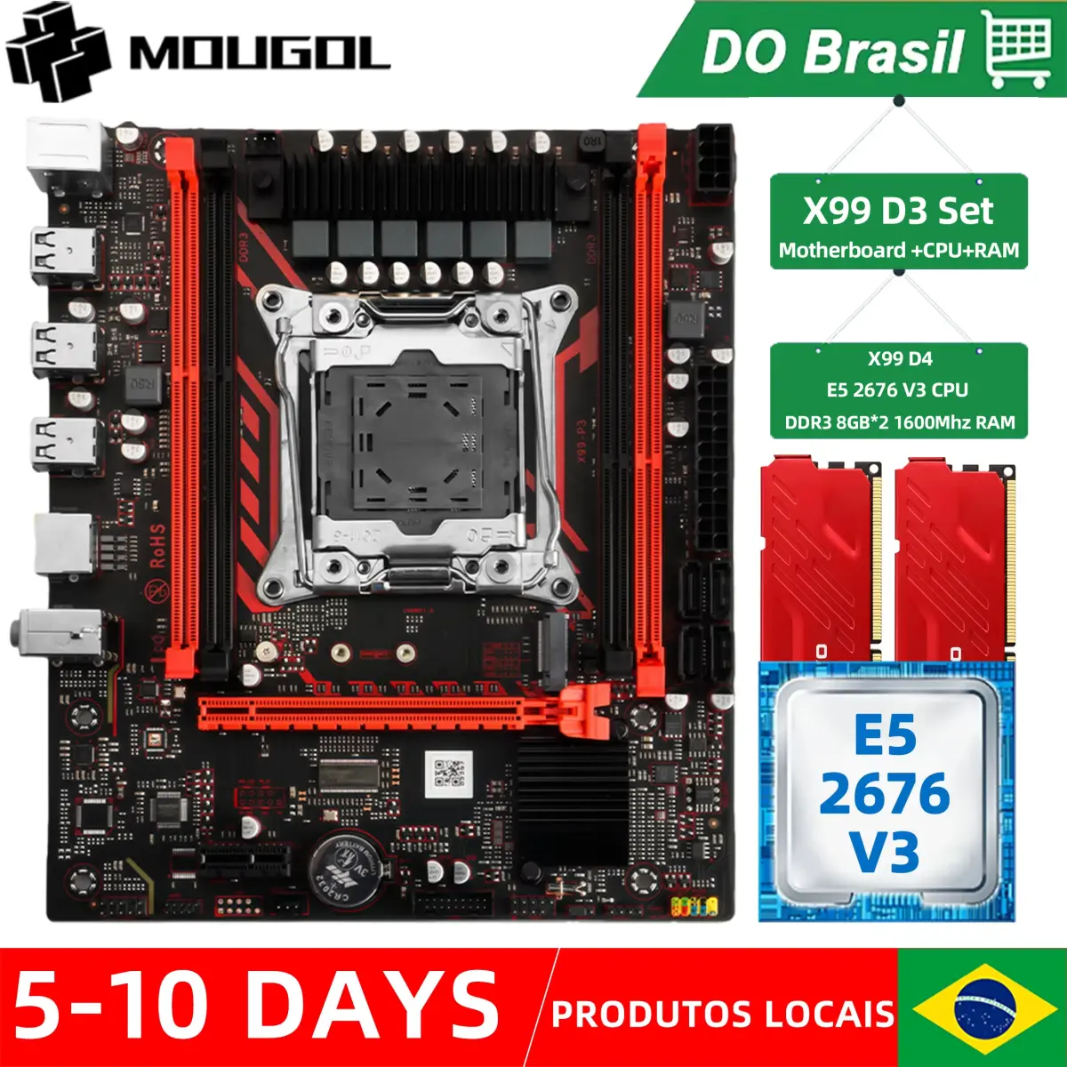 Kit de placa-mãe MOUGOL X99 D3 com CPU Intel LGA2011-3 Xeon E5-2676 V3 + DDR3 2*8GB 1600MHz RAM Memória NVME M.2 SATA Game Set
