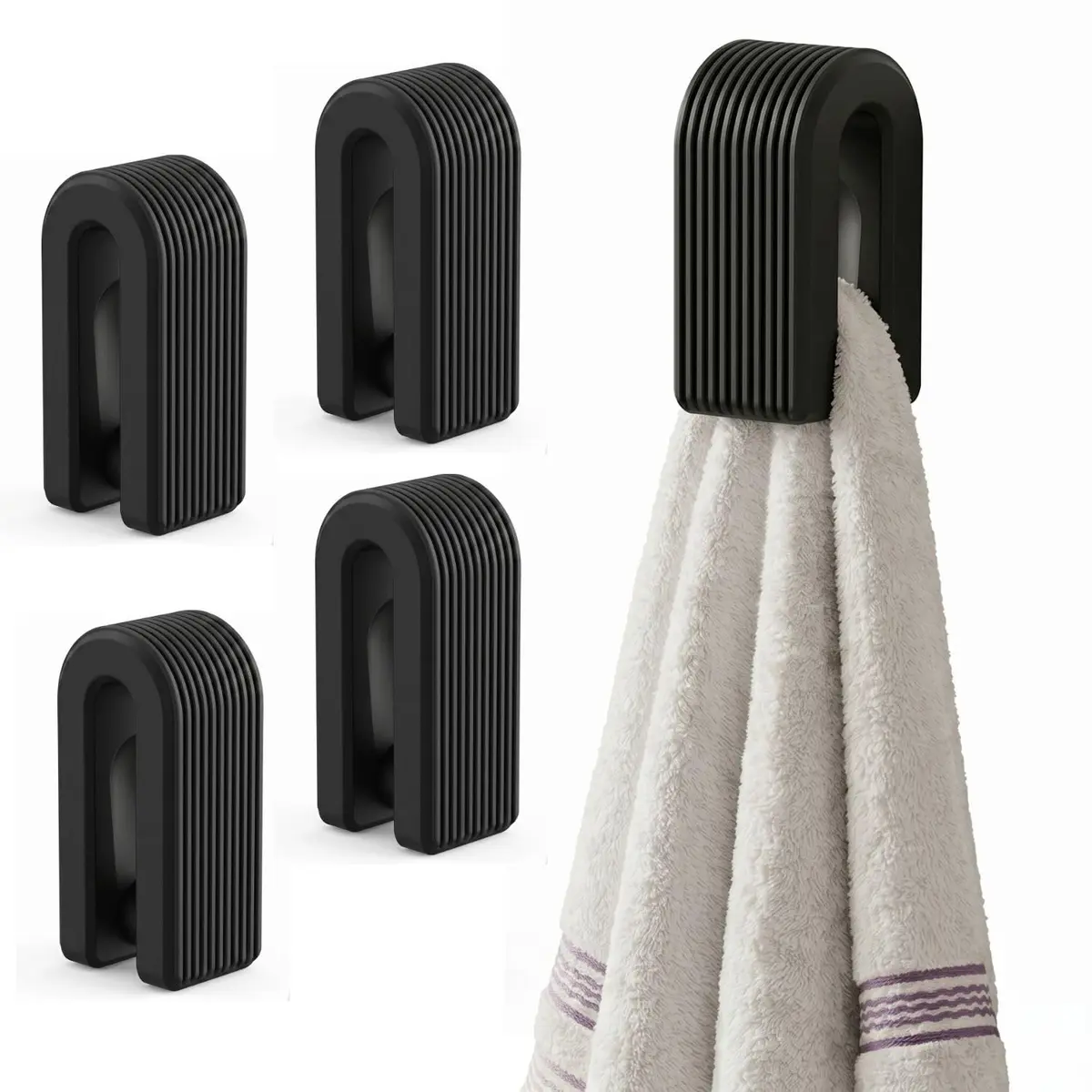 Kit 4 Ganchos Adesivos de Parede Porta Toalha com Travamento Automático - Design Canelado Moderno para Banheiro e Cozinha