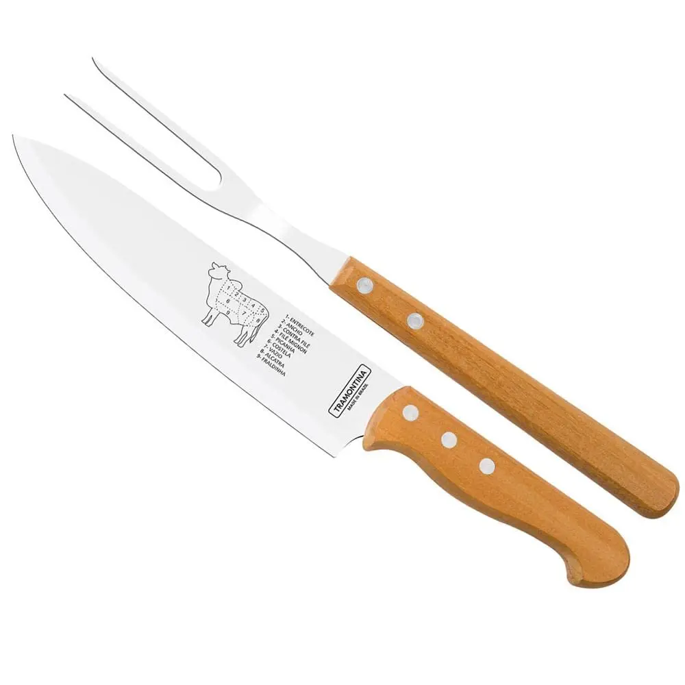 Jogo Trinchante Churrasco com Lâminas em Aço Inox e Cabos em Madeira Natural com 2 Peças - 1