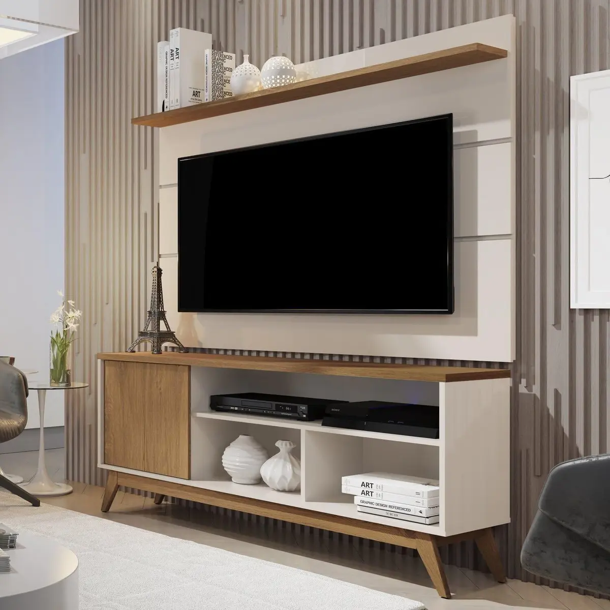 Rack com Painel para Tv 60 Polegadas Pés Madeira Maciça Retrô Malbec Wood Off White/Freijó - 1