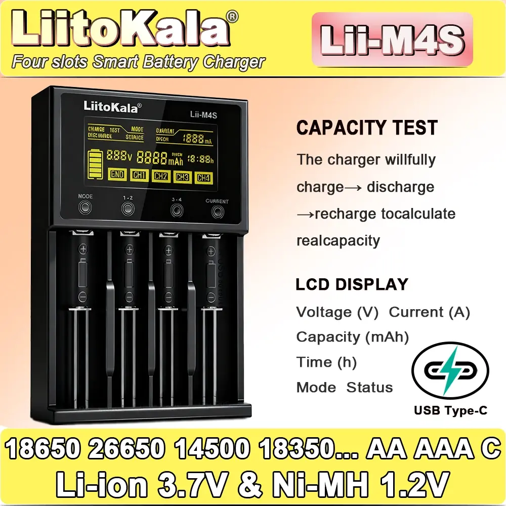 Carregador LiitoKala Lii-M4S Touch (4 Slots) - Testador de Capacidade LCD de 300-1000mA com Modo de Armazenamento e Power Bank USB para 21700/26650/18650