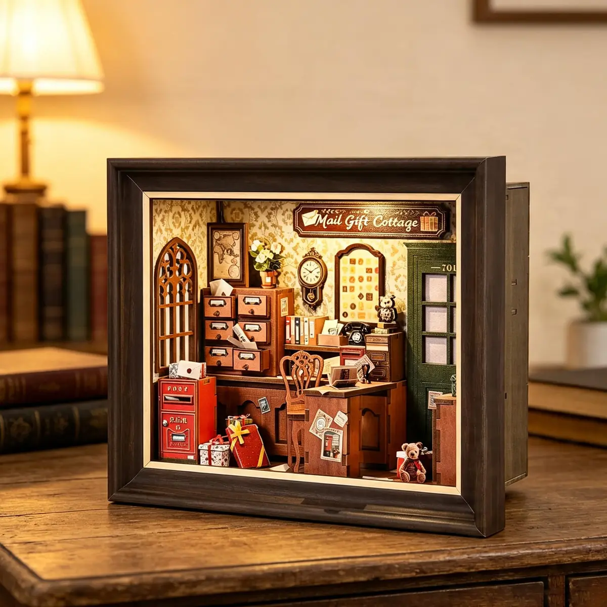 Kit de Modelo 3D de Madeira DIY Modelo Correio Vintage Moldura Com Luz LED Touch (Correios Moldura DIY)