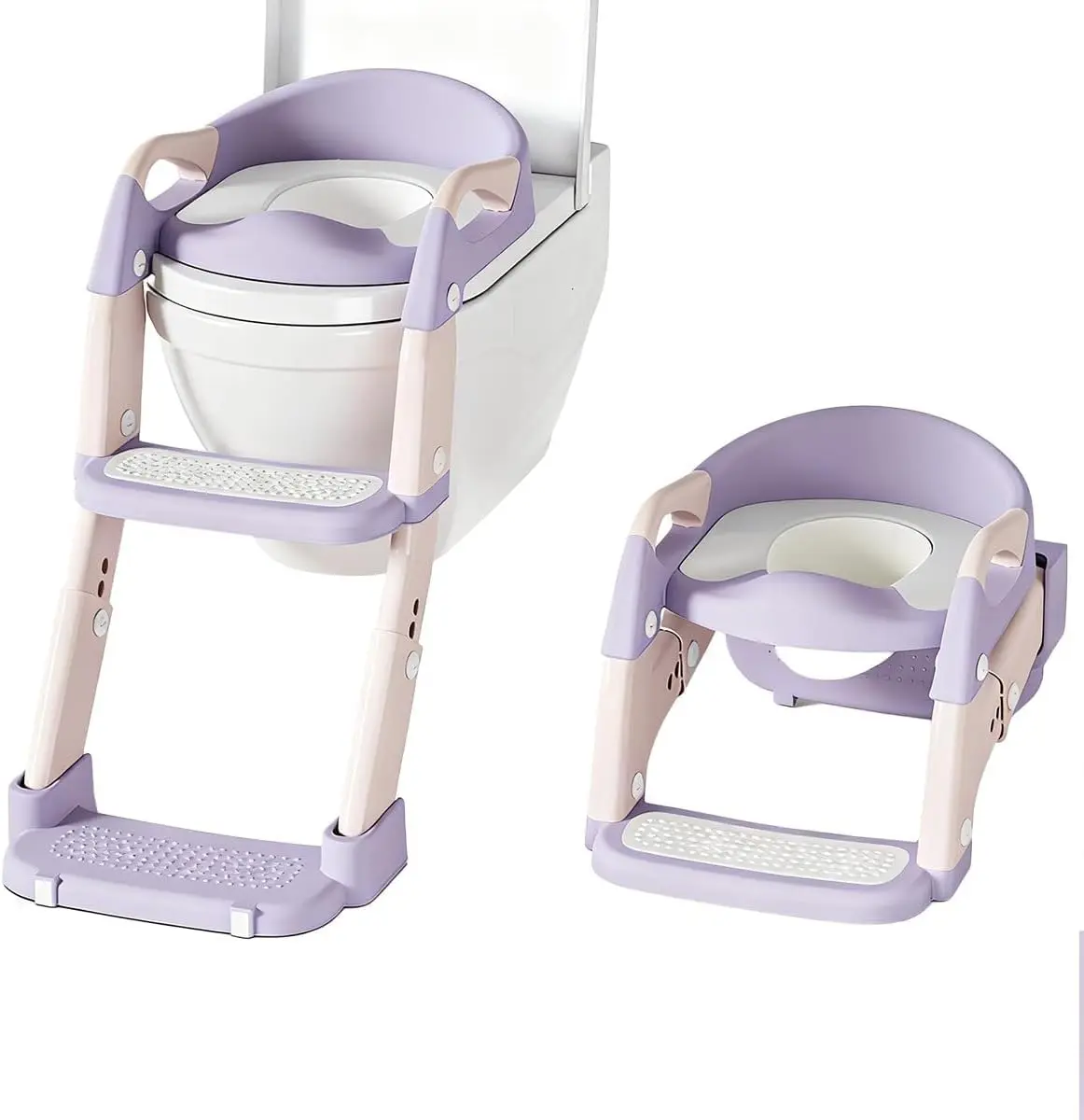 Ninho Design Assento Redutor Infantil para Vaso Sanitário com Escada + Vaso Pequeno Branco Integrado — 2 em 1 Penico Infantil, Mictório, Almofadado, Antiderrapante (Rosa e Roxo)