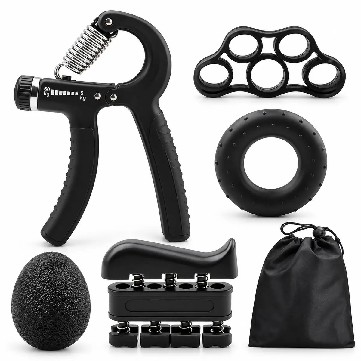 Hand Grip Kit 5 em 1 Fortalecimento de Mãos, Dedos, Punhos e Antebraços Ajustável 5 a 60 kg, Exercitador de Pegada para Treino