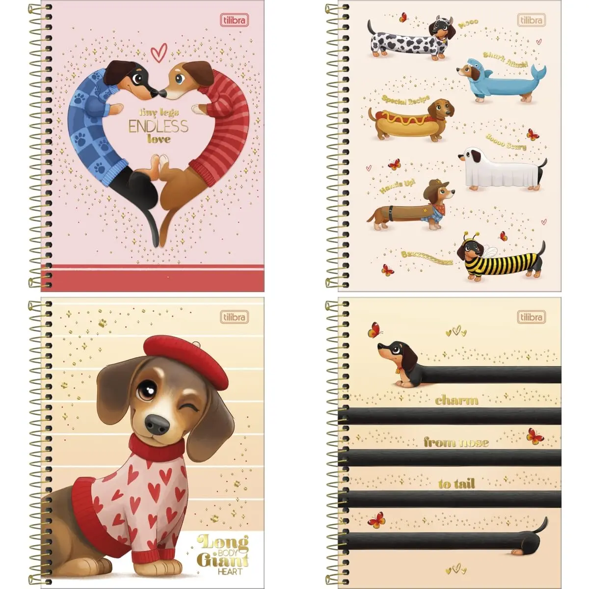 Kit de Cadernos, Tilibra, 1 Matéria, Capa Dura, Colegial, Brownie Dog, 60 Folhas, Pacote com 4
