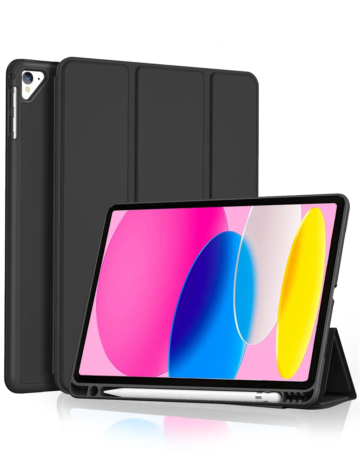 Capa para iPad 6ª / 5ª geração/Air 2 / Air 1 / Pro 9.7 Polegadas com Compartimento para Caneta Stylus Três Dobras Capinha Traseira em TPU Macio Função de Ativação/Suspensão Automática - Preto - 1