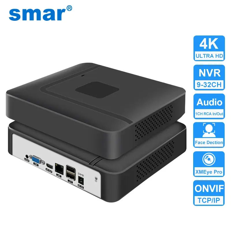Smar h.265 cctv nvr 8ch 9ch 16ch 32ch para 5mp 4k câmera ip suporte detecção de rosto e-mail alart vídeo dvr gravador xmeye app onvif