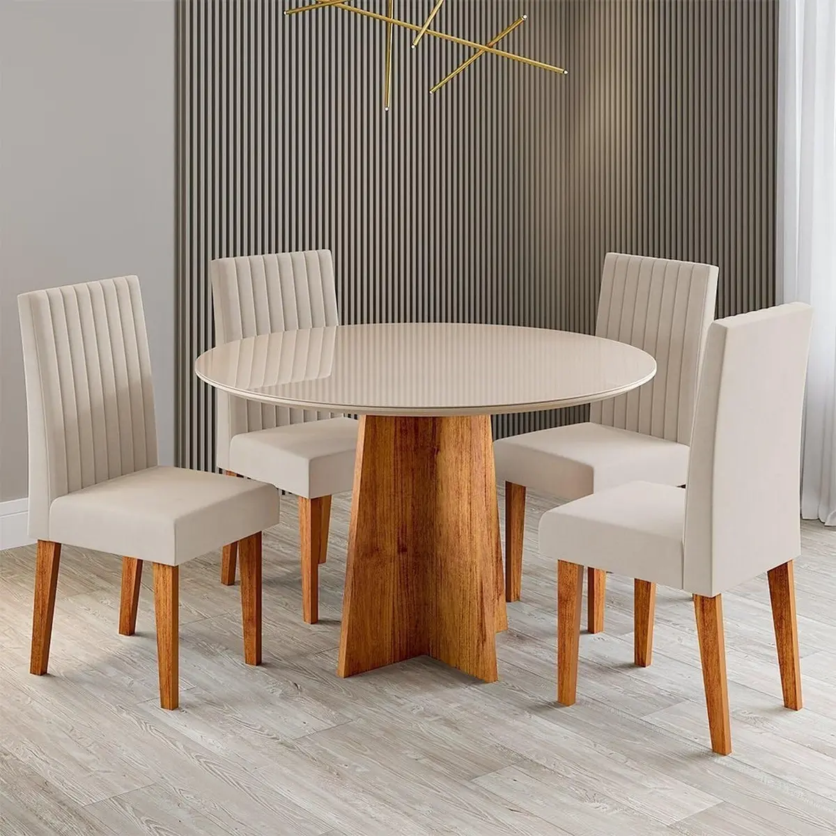 Conjunto Sala de Jantar 4 Lugares Redondo Tampo de Vidro MDF Pallas Yescasa Bege/Mel/Off White Mel/Off White/Bege