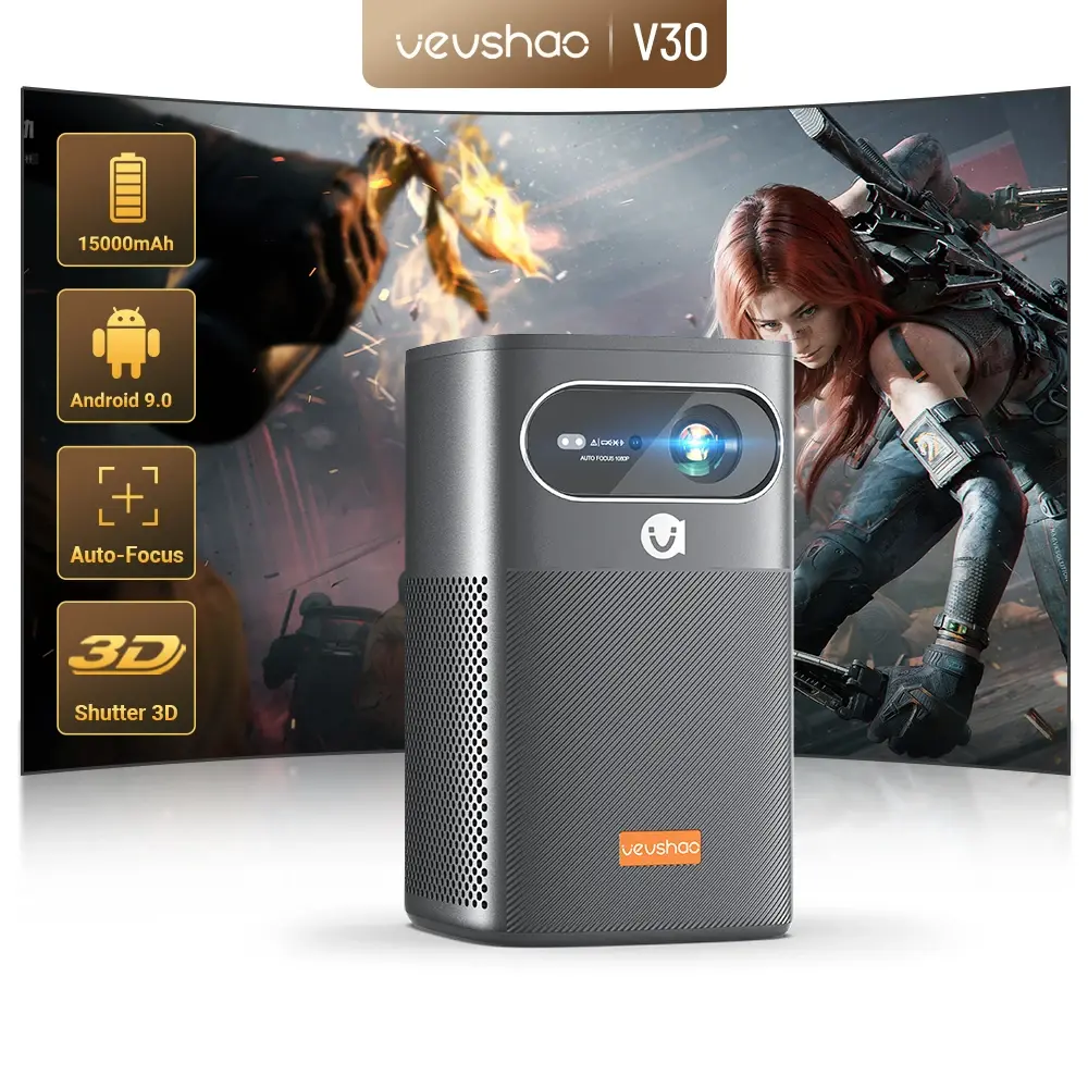 Projetor DLP VEVSHAO V30 400ANSI Android 9.0 TOF Focus 3D WiFi Dual-band Bluetooth 5.0 Bateria de 15000mAh Home Theater
