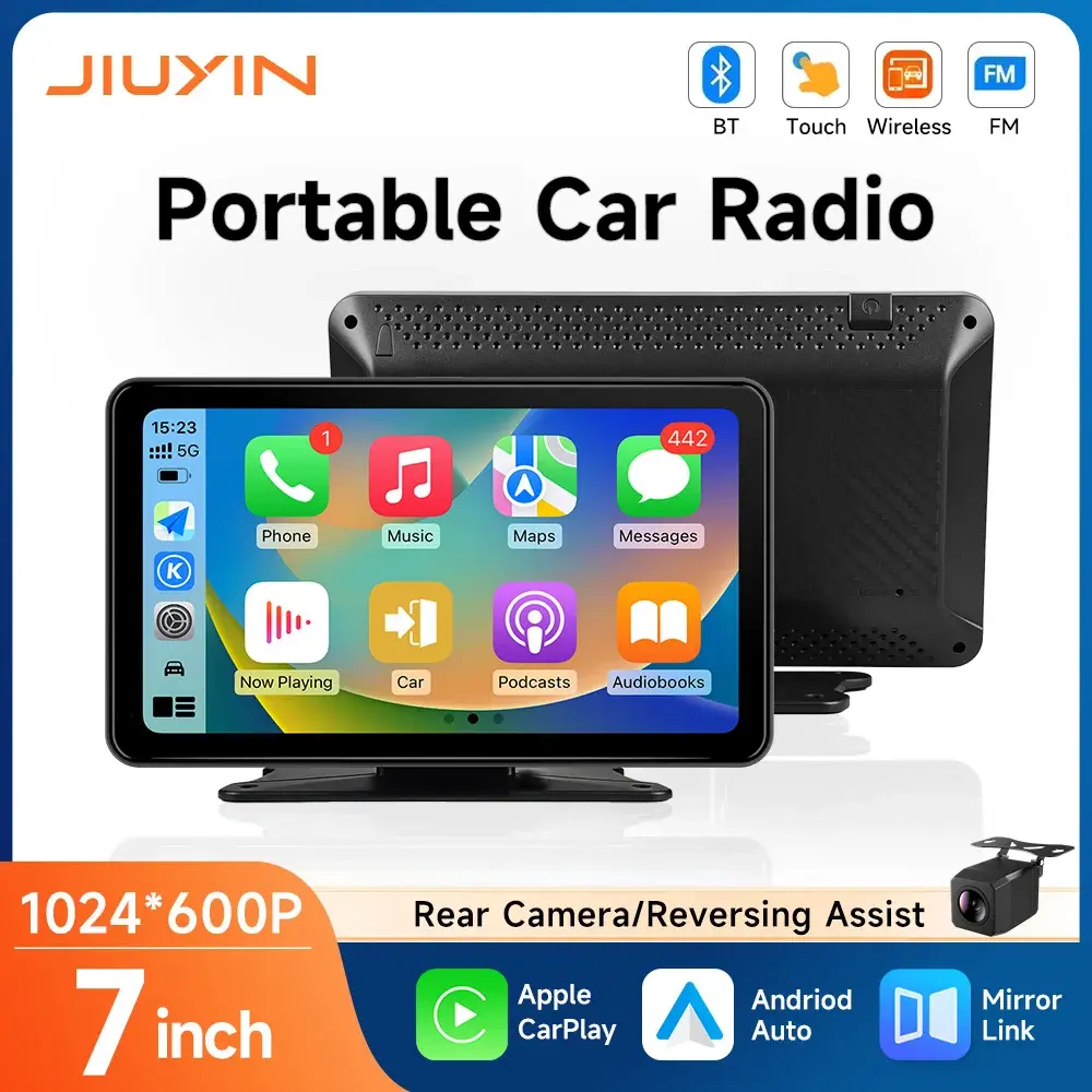 Rádio Automotivo Universal Jiuyin de 7 Polegadas com Carplay Sem Fio, Tela Sensível ao Toque Inteligente, Android Auto Sem Fio, Reprodutor de Vídeo Multimídia Portátil - 1