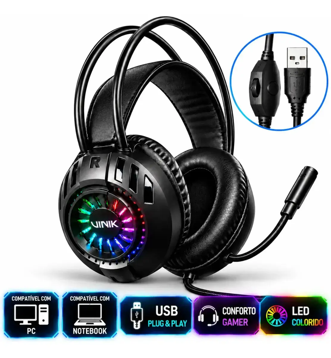 Headset Gamer V-Shield RGB USB Com Microfone Flexível Som Imersivo Conforto Prolongado Para PC Notebook