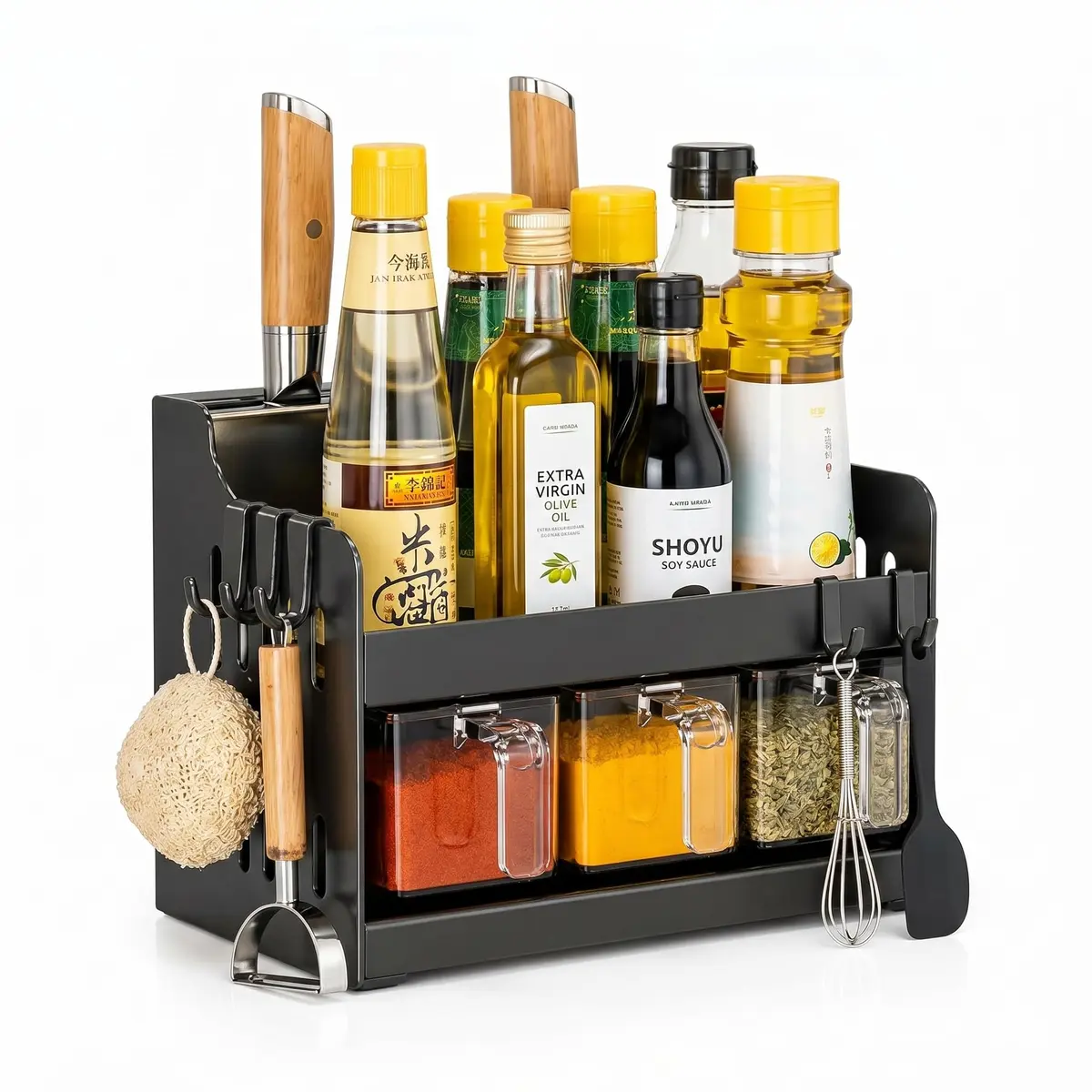 Porta Temperos e Organizador de Cozinha 13 Peças em Metal, Suporte Multifuncional para Bancada ou Parede com Potes de Condimentos, Porta Facas e Ganchos, Preto, 24cm